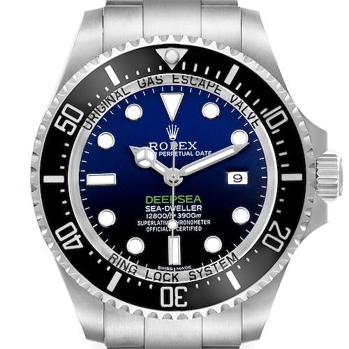 This image shows a Rolex Deepsea Sea-Dweller watch from a front angle, highlighting the bezel, dial, hands, and crown.