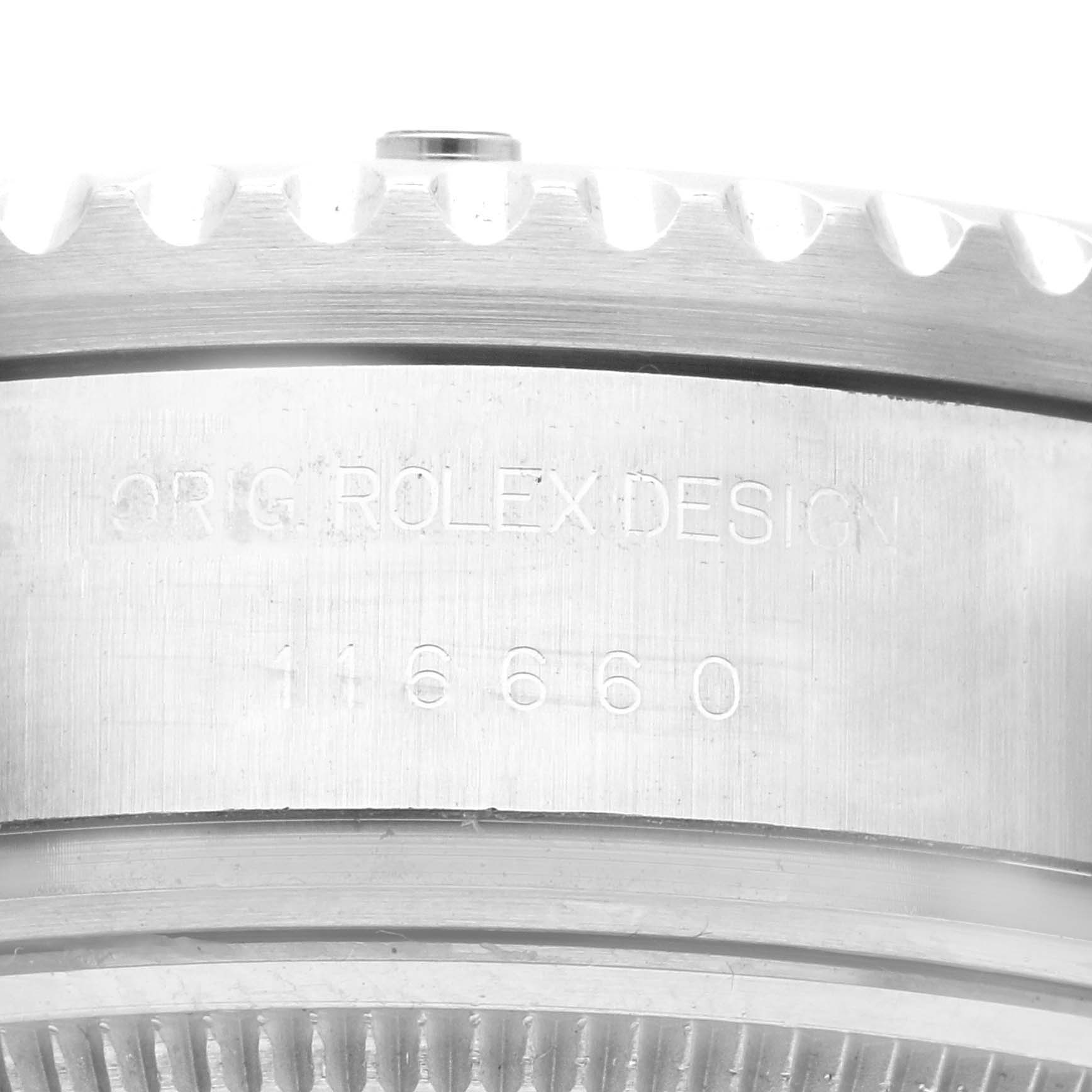 This image shows the side engraving of the case of the Rolex Sea-Dweller 116660 Men's Stainless Steel Black Dial 116660 Men's Stainless Steel Black Dial model, including its design inscription and model number.