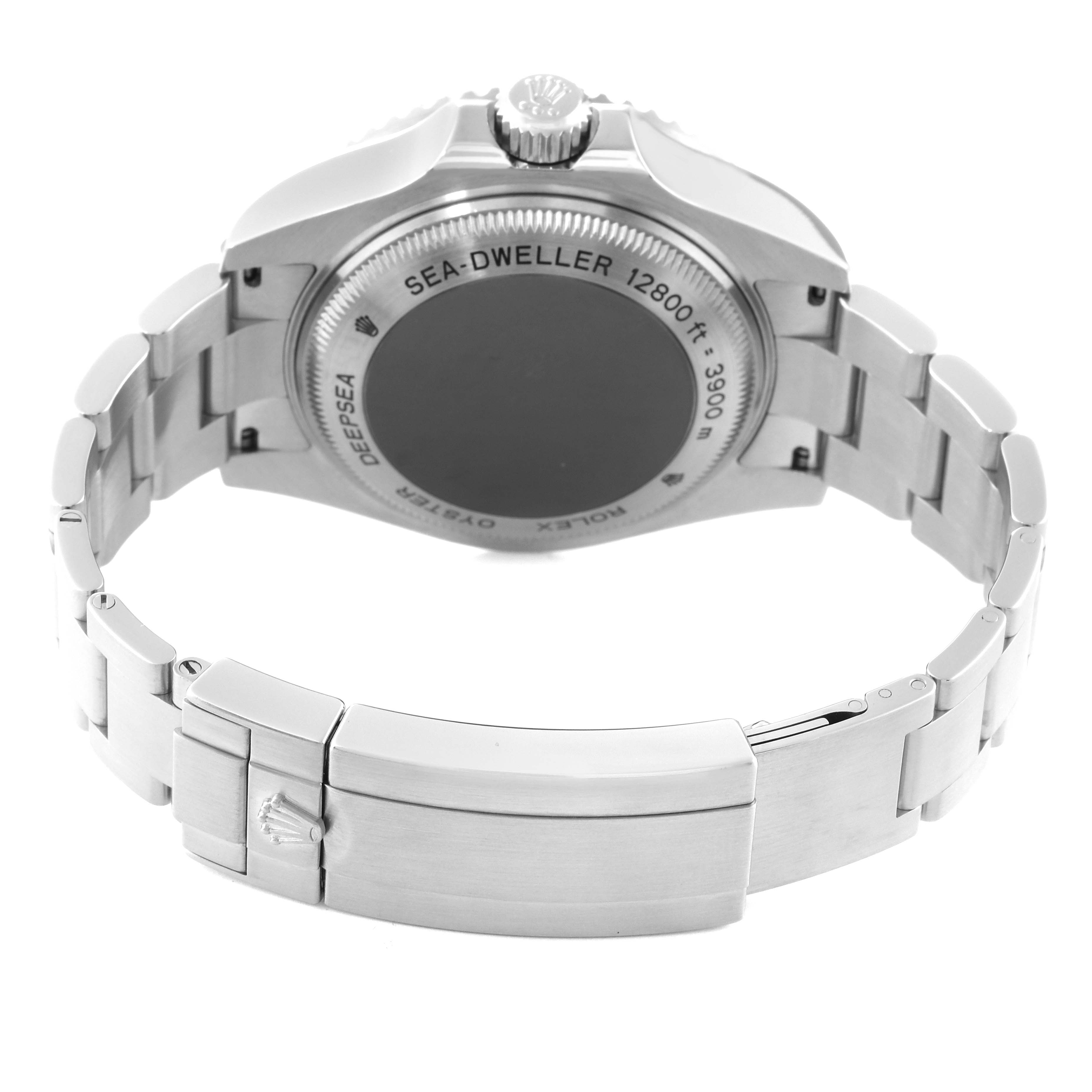 This image shows the back side and clasp of the Rolex Sea-Dweller 116660 Men's Stainless Steel Black Dial 116660 Men's Stainless Steel Black Dial watch, focusing on the case back and bracelet.