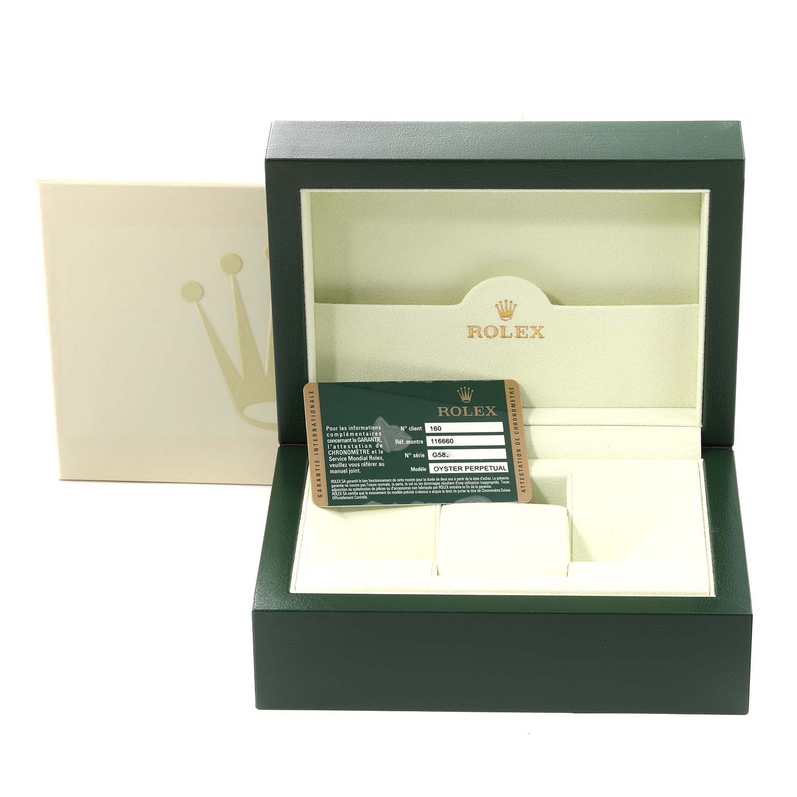 The image shows an open Rolex Sea-Dweller 116660 Men's Stainless Steel Black Dial 116660 Men's Stainless Steel Black Dial watch box with a warranty card inside.