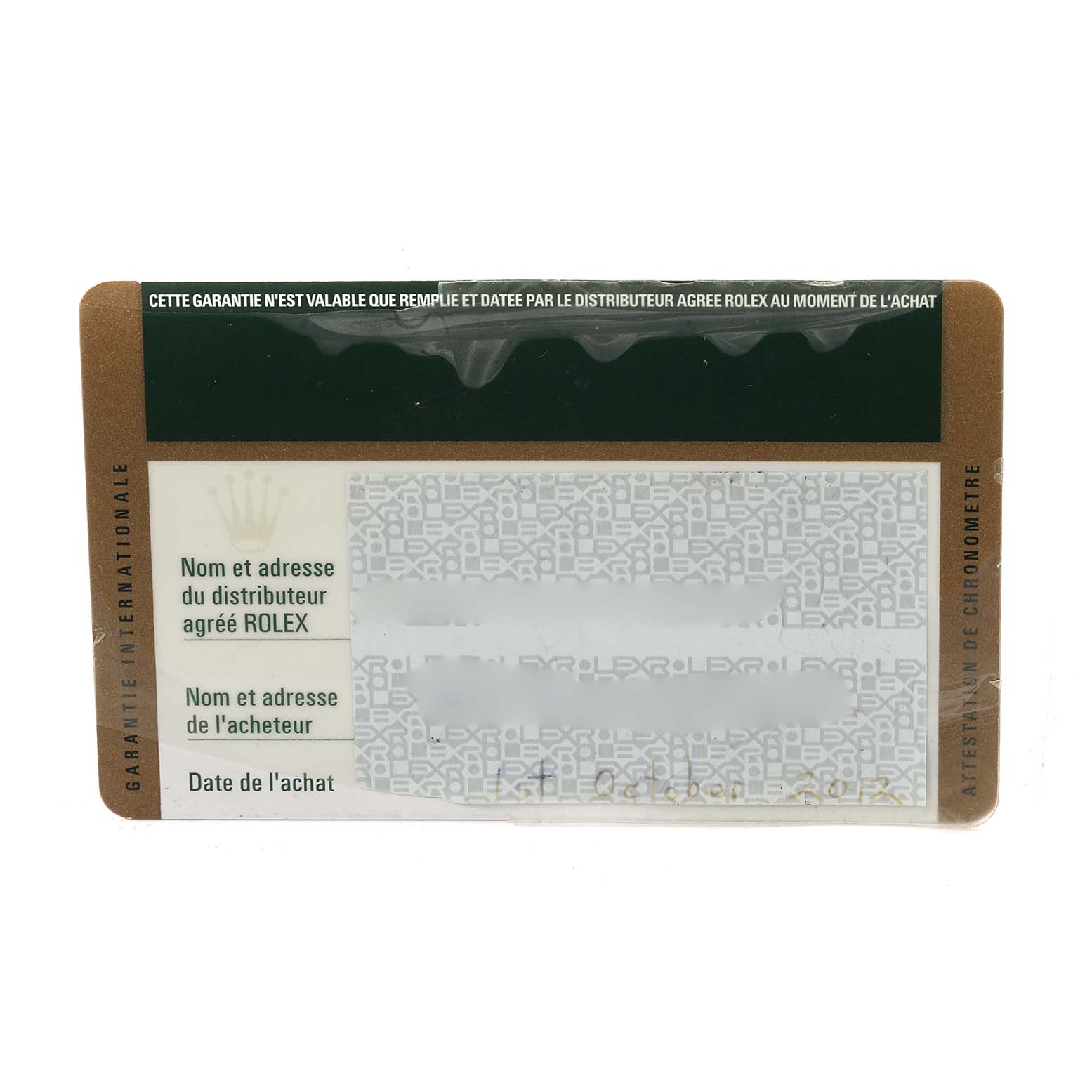 The image shows a warranty card for a Sea-Dweller model by Rolex, displaying the distributor and buyer's details.