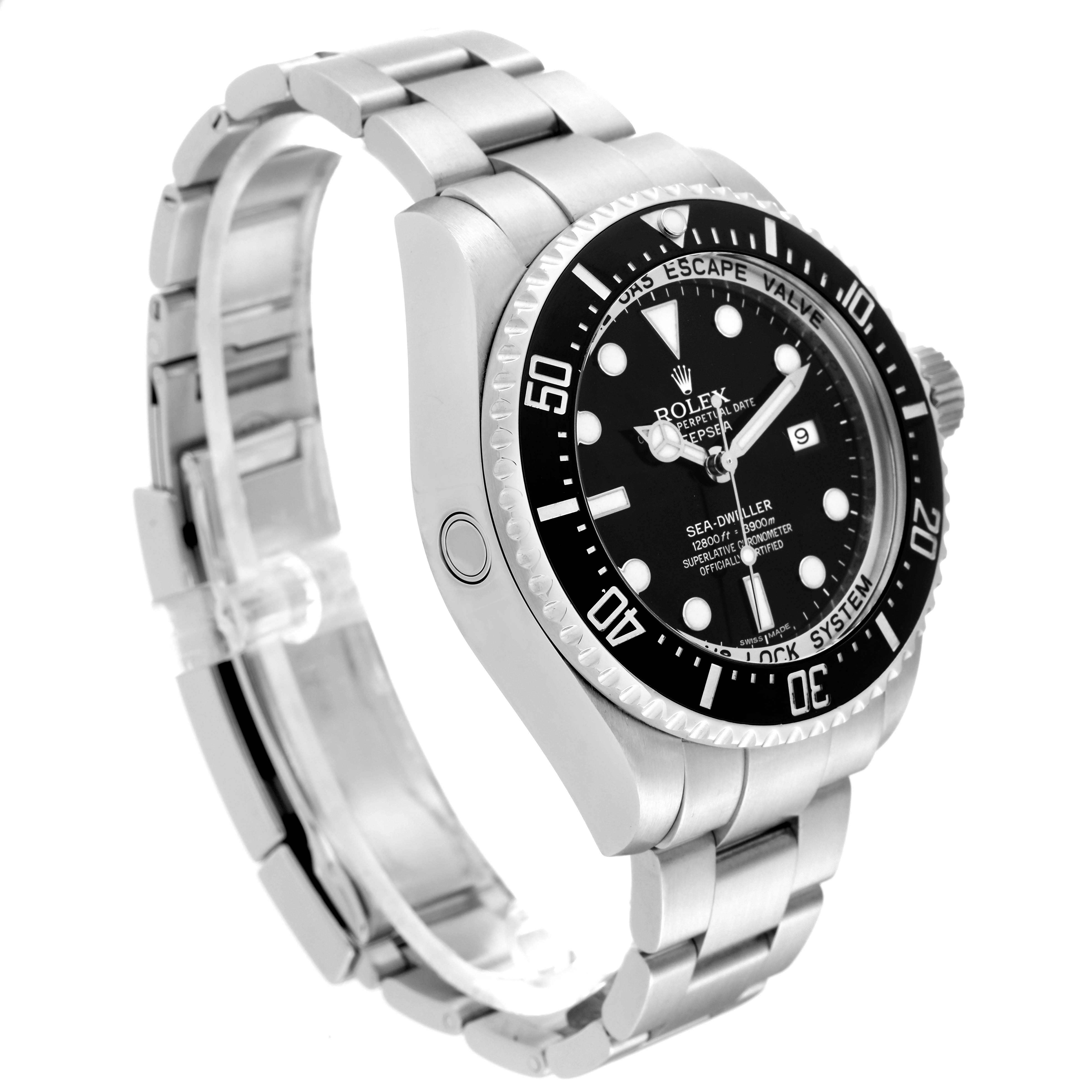 This Rolex Sea-Dweller 116660 Men's Stainless Steel Black Dial 116660 Men's Stainless Steel Black Dial watch is shown at a three-quarter angle, revealing the face, bezel, and part of the bracelet.