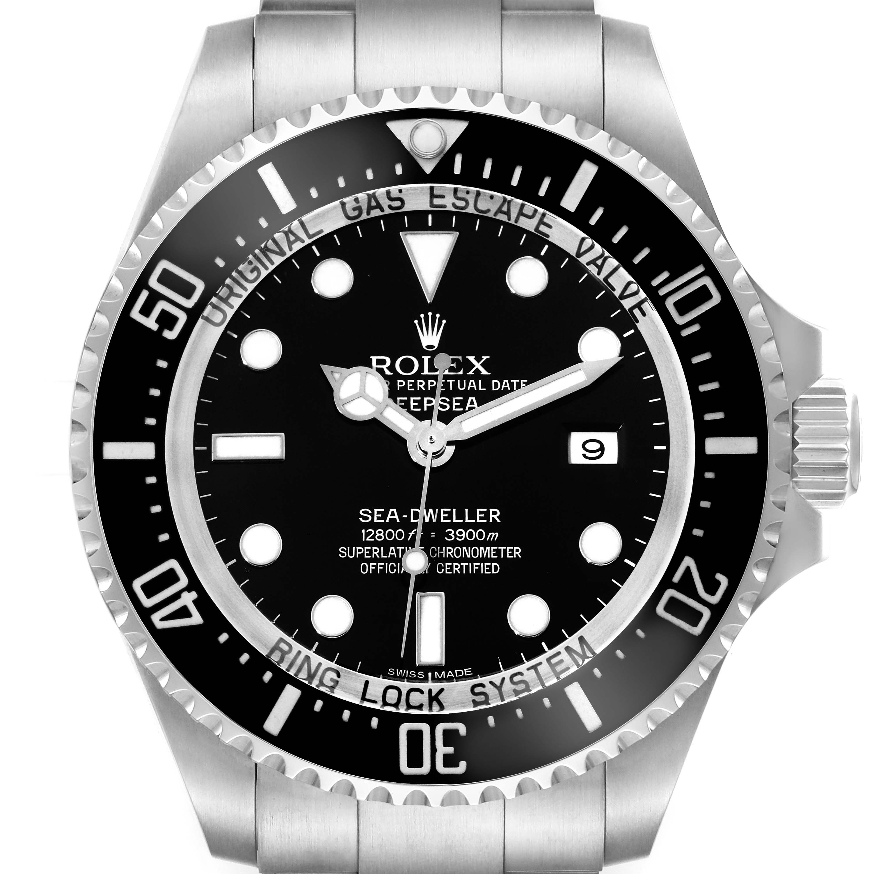 The image shows a front view of the Rolex Sea-Dweller 116660 Men's Stainless Steel Black Dial 116660 Men's Stainless Steel Black Dial watch, highlighting the bezel, dial, hands, and date window.