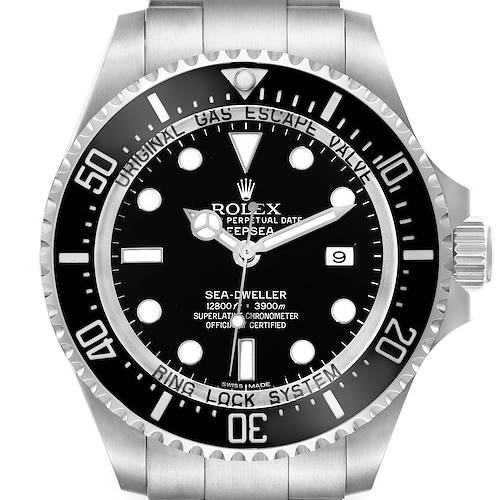 This image shows a front view of the Rolex Sea-Dweller watch, highlighting its dial, bezel, and part of the stainless steel bracelet.