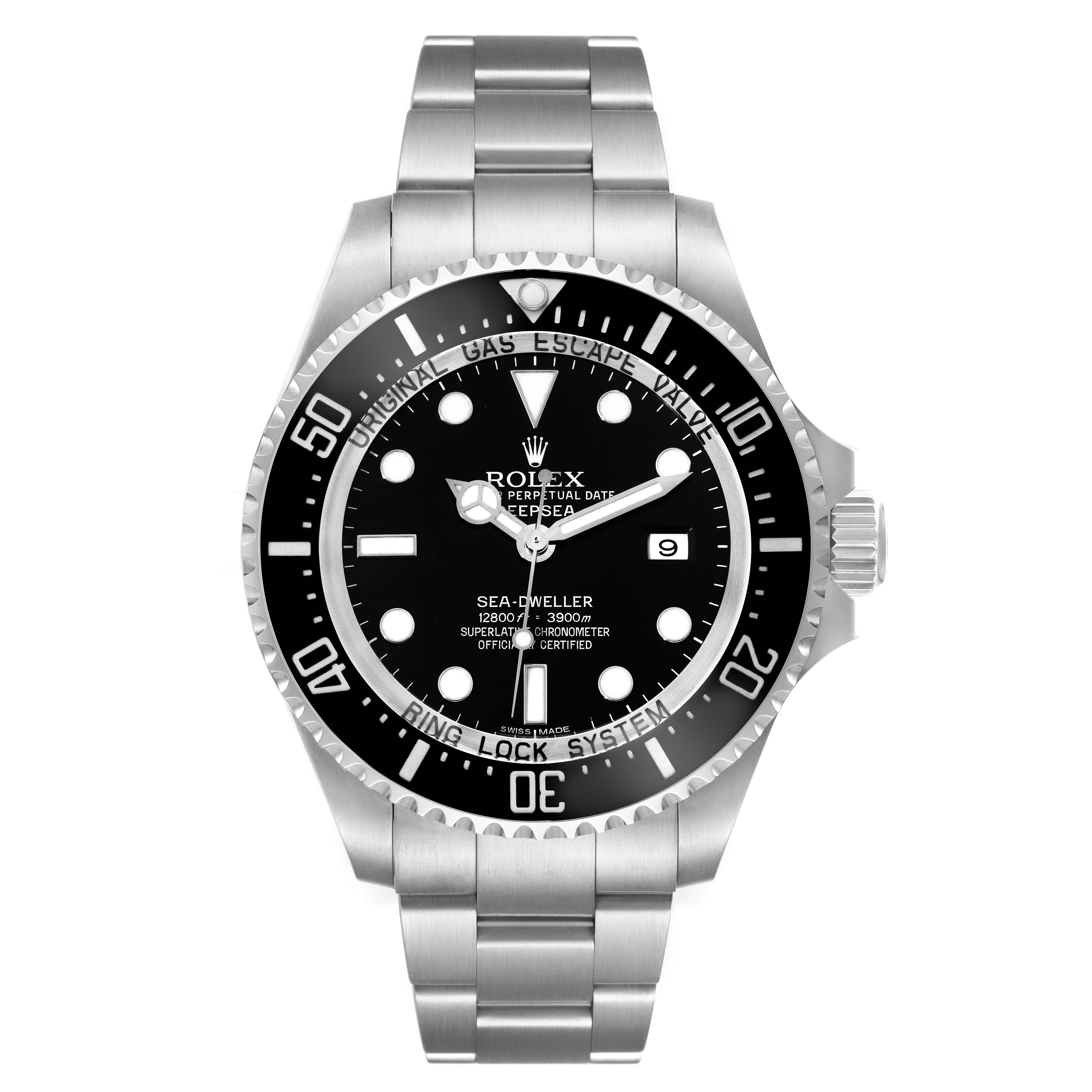 The image shows a front view of the Rolex Sea-Dweller 116660 Men's Stainless Steel Black Dial 116660 Men's Stainless Steel Black Dial watch, displaying its bezel, dial, hands, and bracelet.