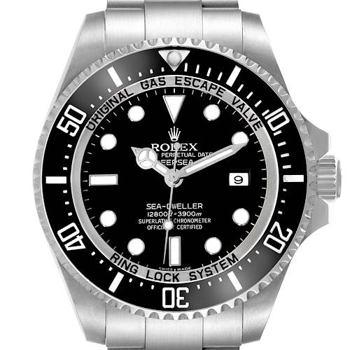 The image shows a front angle of a Rolex Sea-Dweller watch, highlighting the dial, bezel, and part of the bracelet.