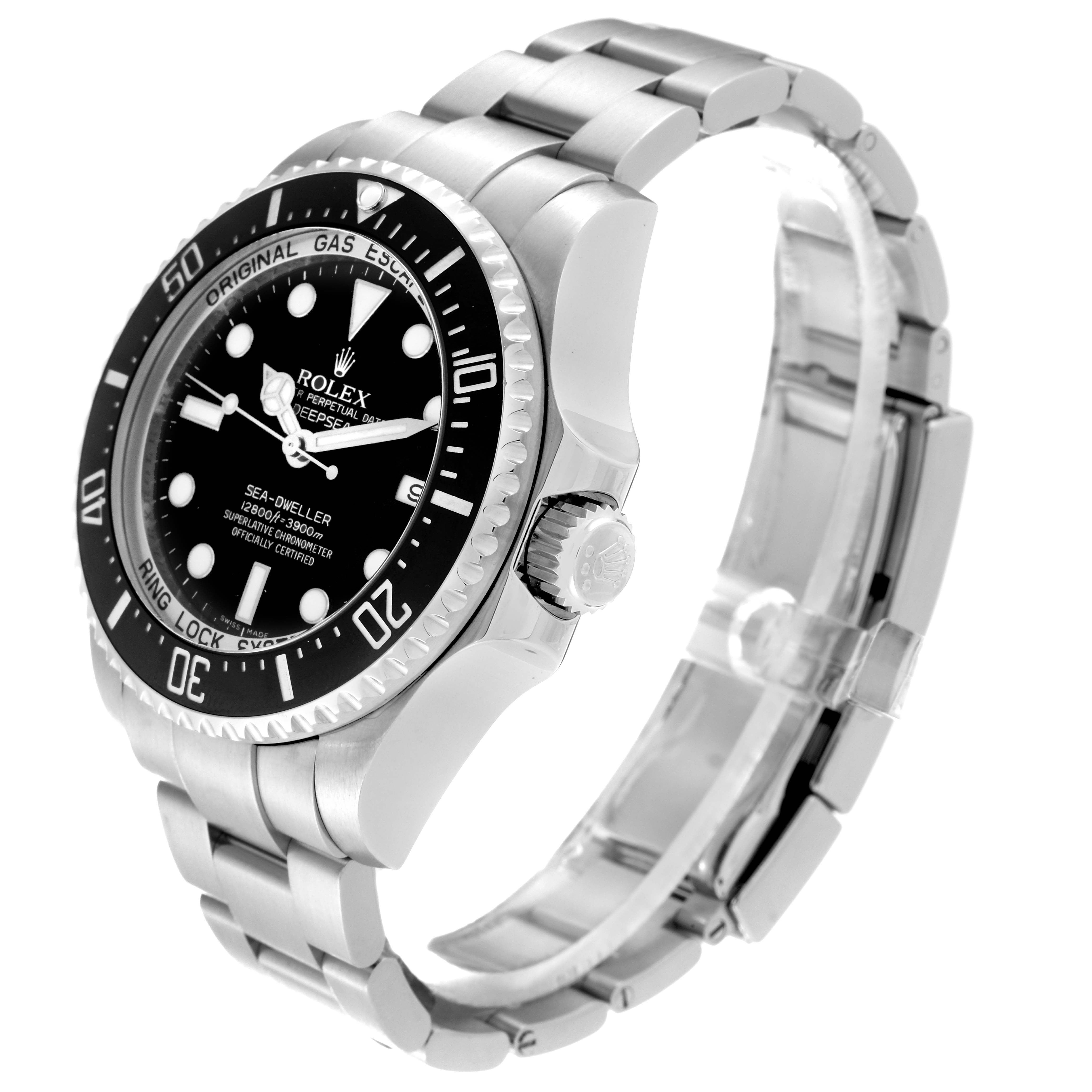 The image shows a side angle of a Rolex Sea-Dweller 116660 Men's Stainless Steel Black Dial 116660 Men's Stainless Steel Black Dial watch, highlighting the face, bezel, and metal bracelet.