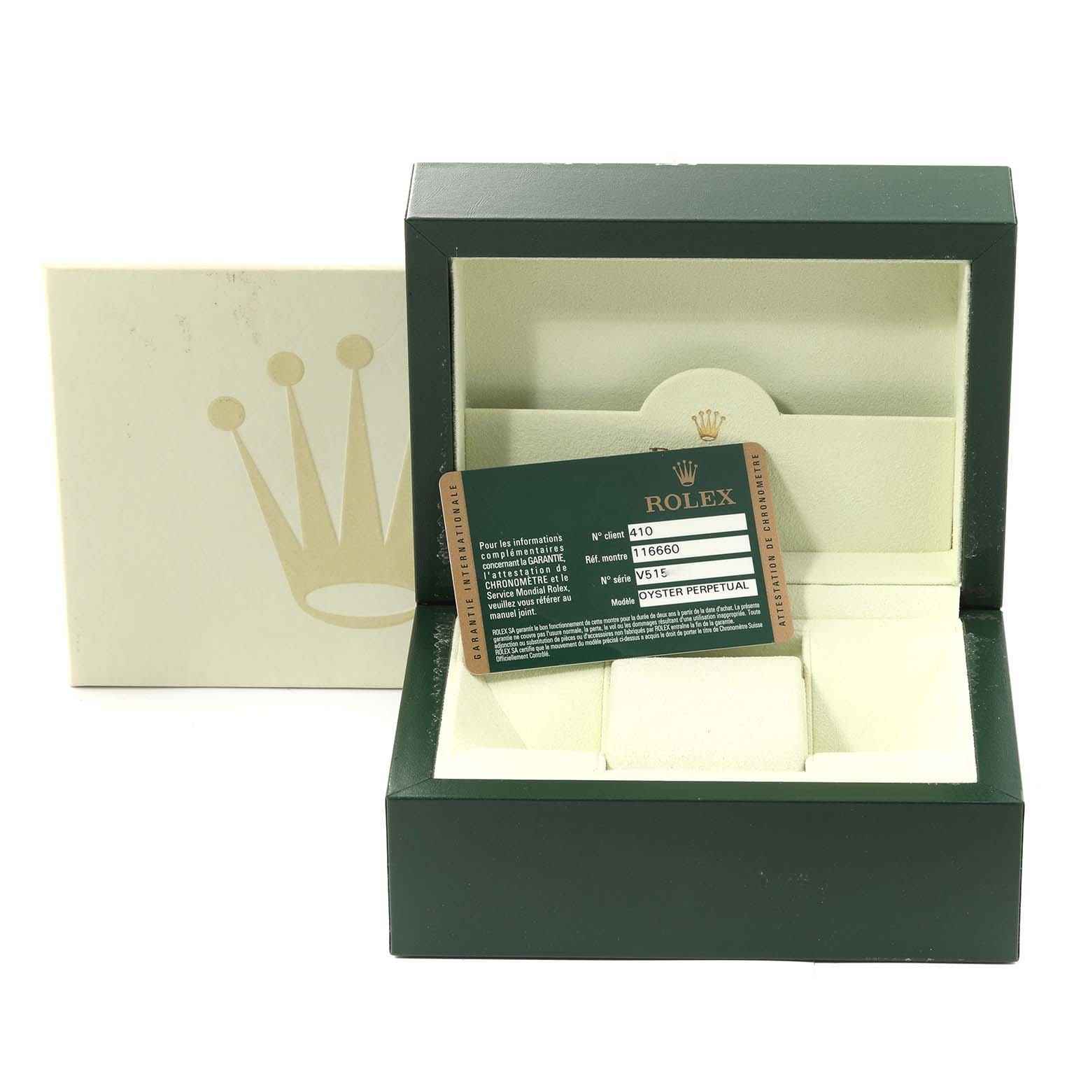 The image shows a Rolex Sea-Dweller 116660 Men's Stainless Steel Black Dial 116660 Men's Stainless Steel Black Dial box and a warranty card, with the focus on the open box and accessory card.