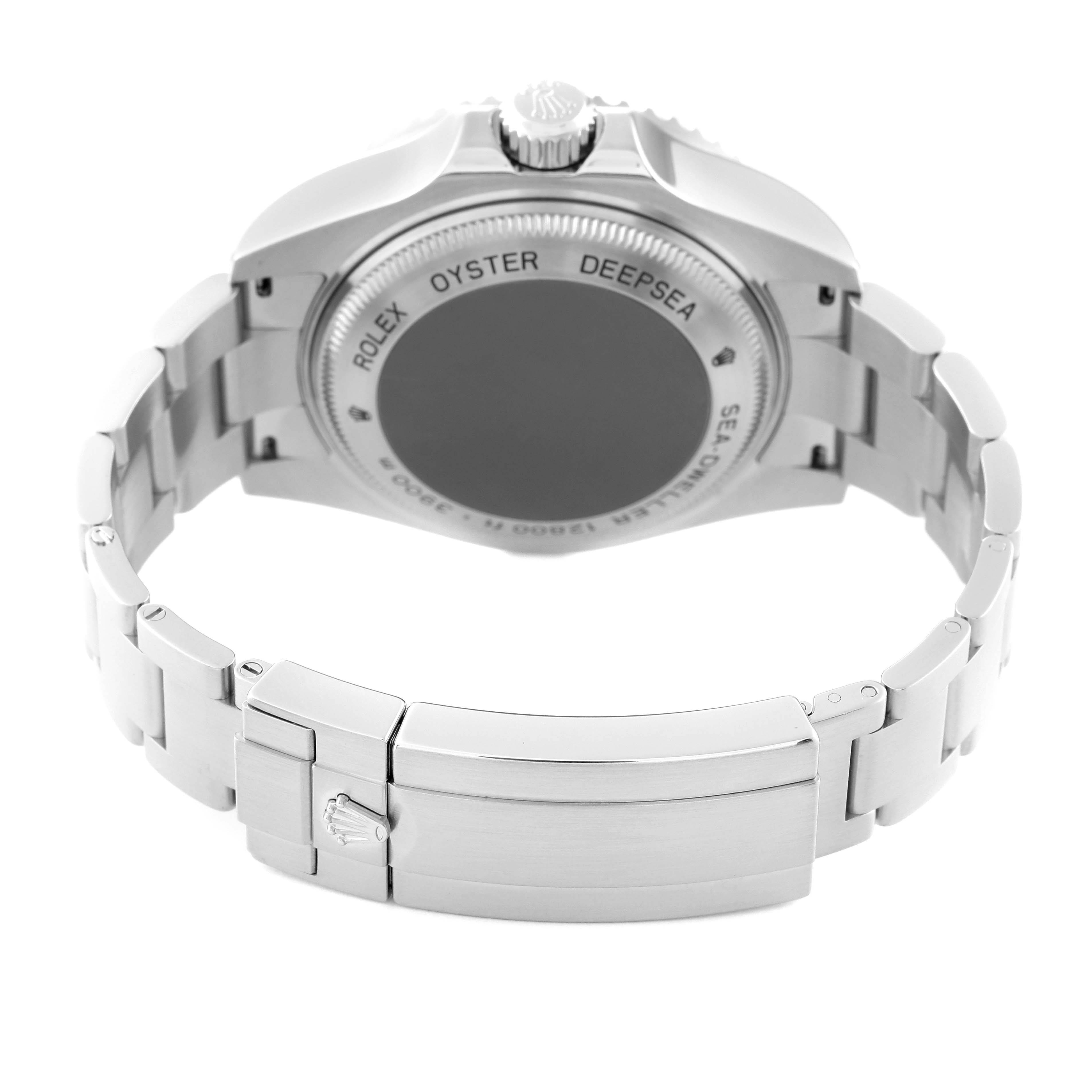 The image shows the back view of a Rolex Sea-Dweller 116660 Men's Stainless Steel Black Dial 116660 Men's Stainless Steel Black Dial watch, highlighting the case back and bracelet clasp.