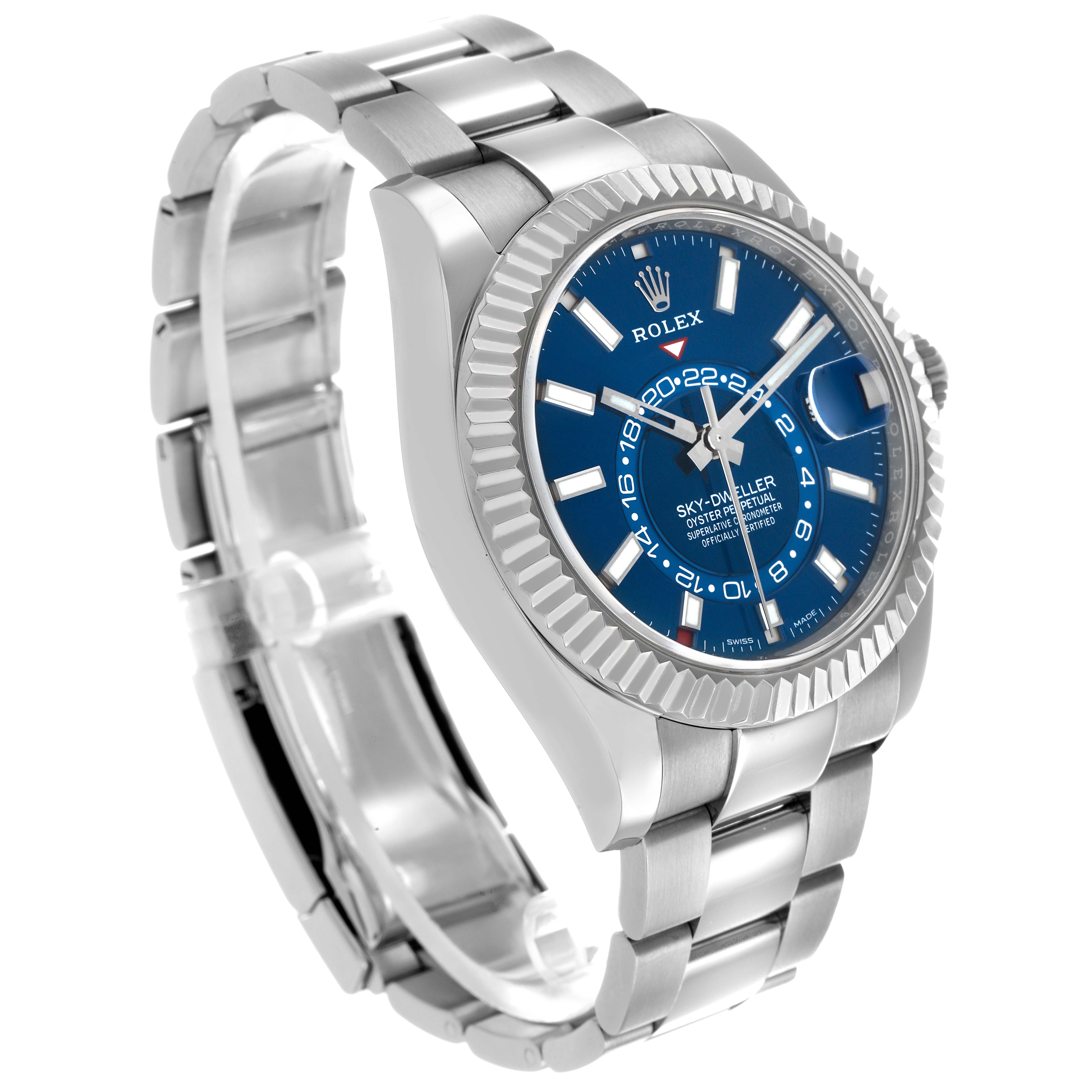 The Rolex Sky-Dweller 326934 Men
s Stainless Steel Blue Dial watch is shown from a front angle, highlighting the blue dial, bezel, and bracelet.