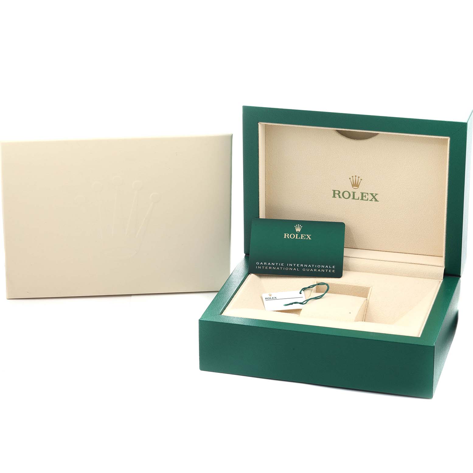 The image shows a Rolex Sky-Dweller 326934 Men
s Stainless Steel Blue Dial box, warranty card, and accessories at a frontal angle.