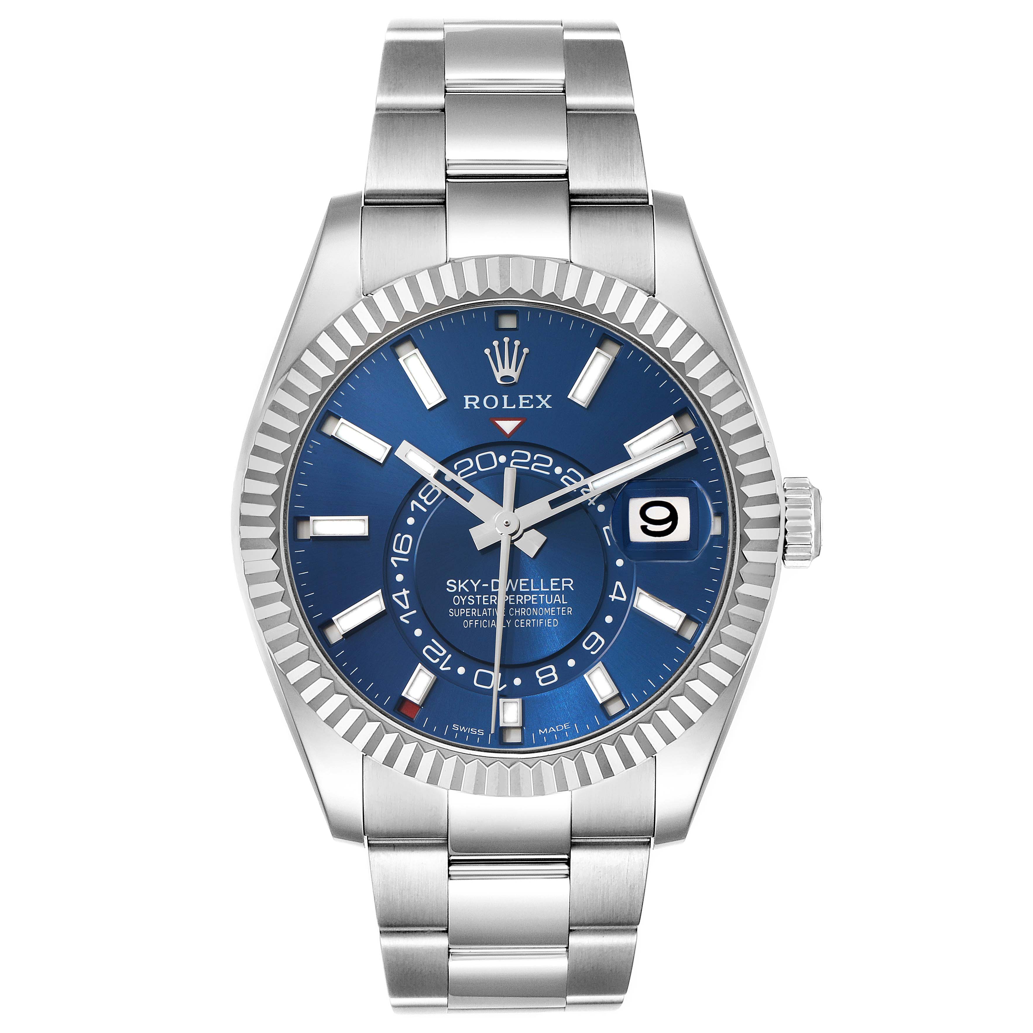 The Rolex Sky-Dweller 326934 Men
s Stainless Steel Blue Dial watch is shown from a front angle, highlighting the blue dial, fluted bezel, and stainless steel bracelet.