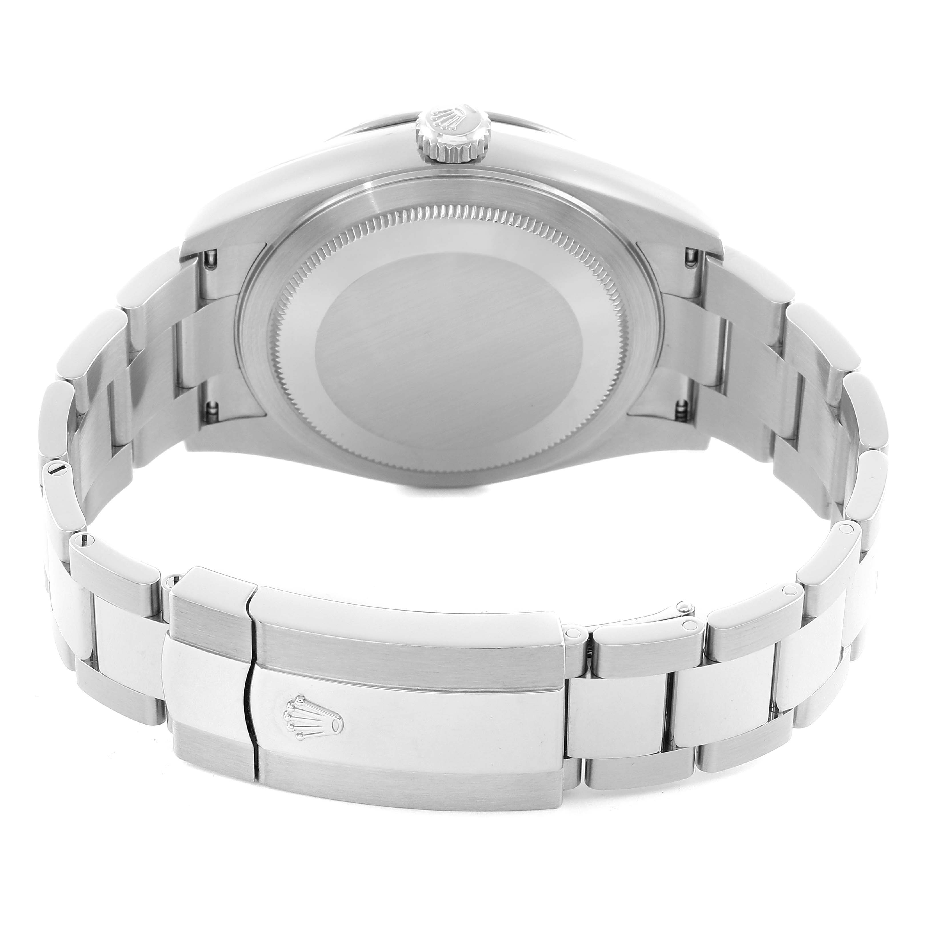 The Rolex Sky-Dweller 326934 Men
s Stainless Steel Blue Dial is shown from the back, highlighting the clasp, bracelet, case back, and crown.