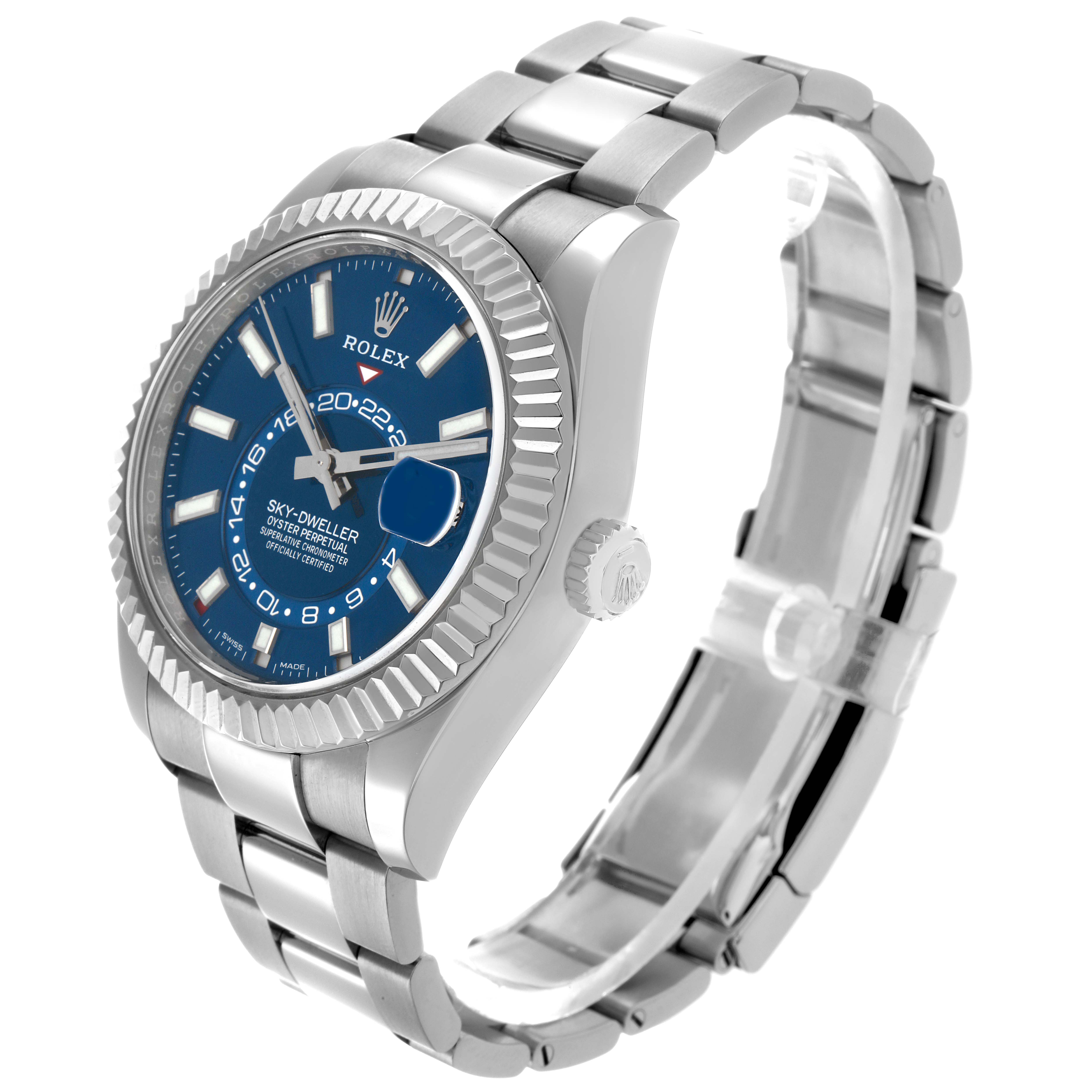 The Rolex Sky-Dweller 326934 Men
s Stainless Steel Blue Dial watch is shown at a three-quarter angle, highlighting the blue dial, fluted bezel, and stainless steel bracelet.