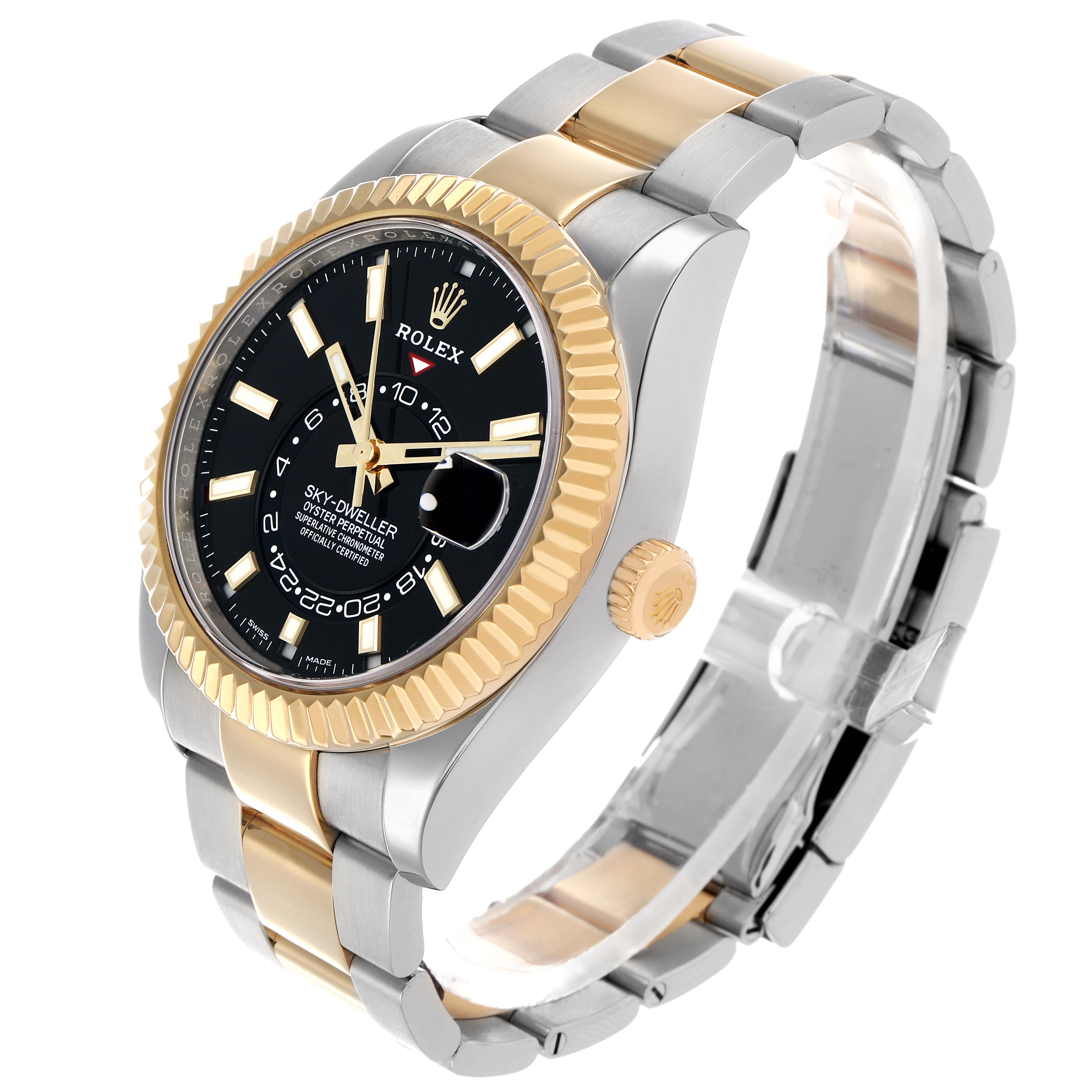 The Rolex Sky-Dweller 326933 Men
s Steel and Gold (two tone) Black Dial is shown at a three-quarter angle, highlighting the black dial, gold bezel, crown, and two-tone bracelet.