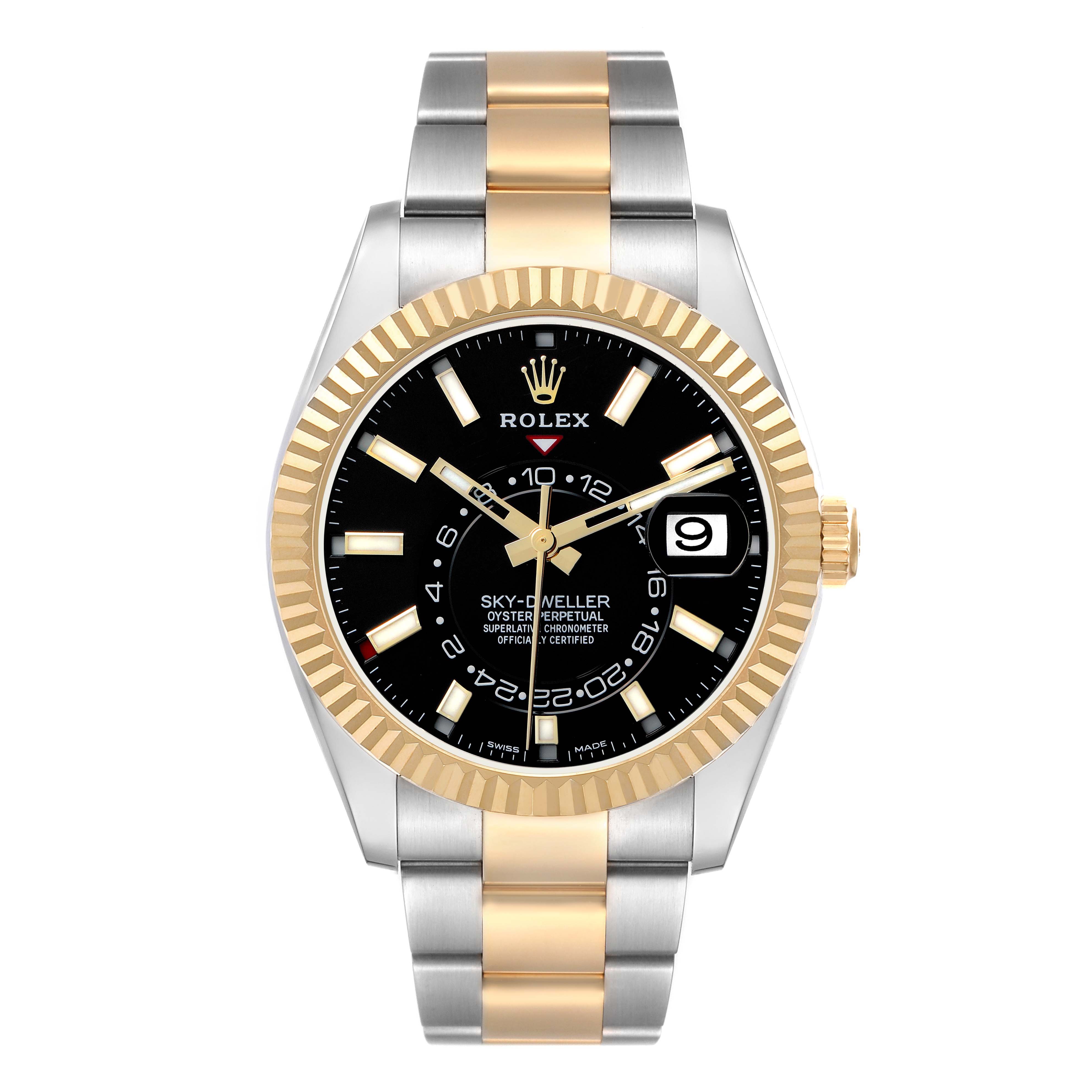 The Rolex Sky-Dweller 326933 Men
s Steel and Gold (two tone) Black Dial is shown from the front, highlighting the dial, bezel, date window, and bracelet.