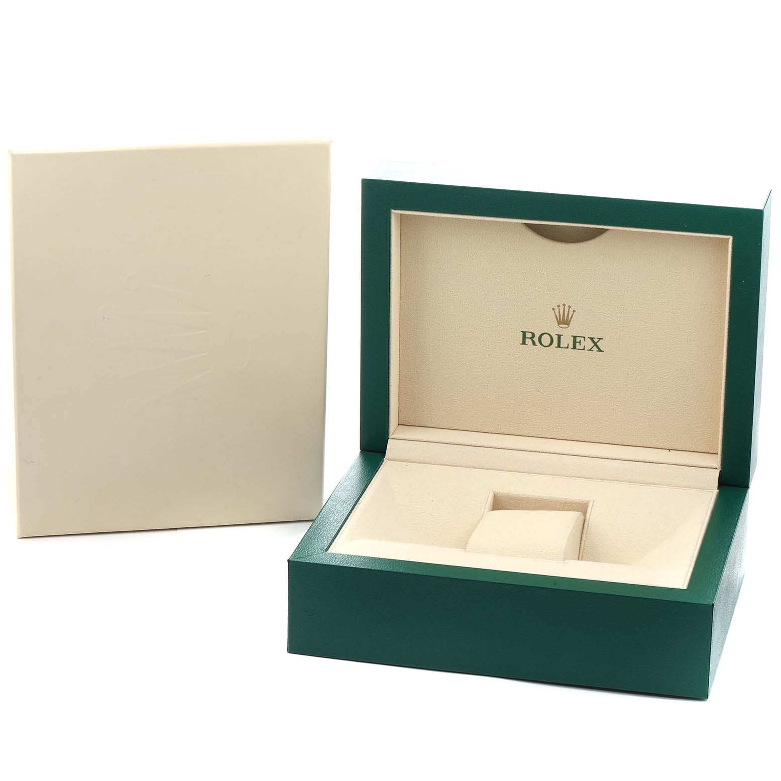 The image shows the open box and outer packaging for a Rolex Sky-Dweller 326933 Men
s Steel and Gold (two tone) Black Dial watch, highlighting the interior cushioning.