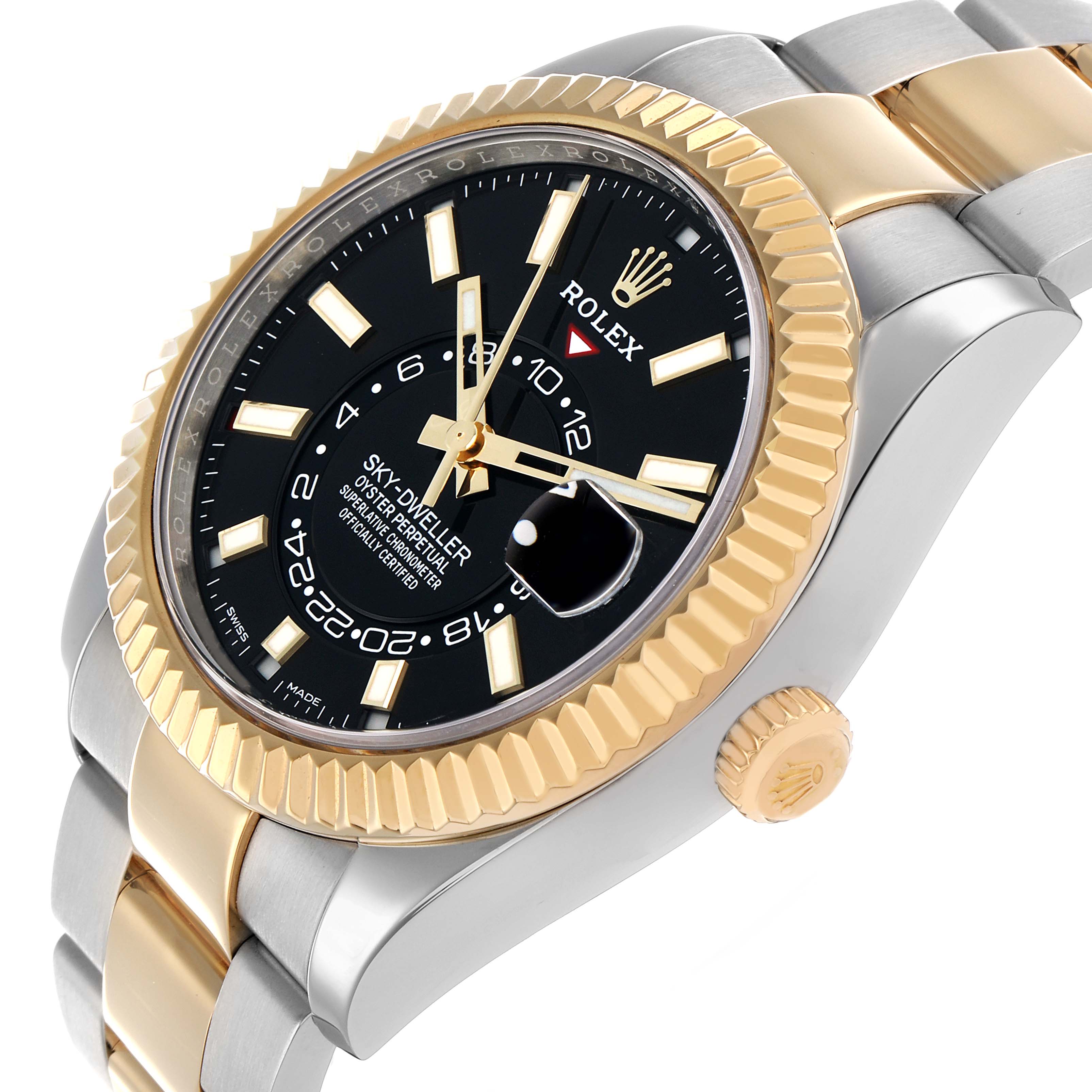 The Rolex Sky-Dweller 326933 Men
s Steel and Gold (two tone) Black Dial is shown at a slight angle, highlighting its dial, bezel, and two-tone bracelet.