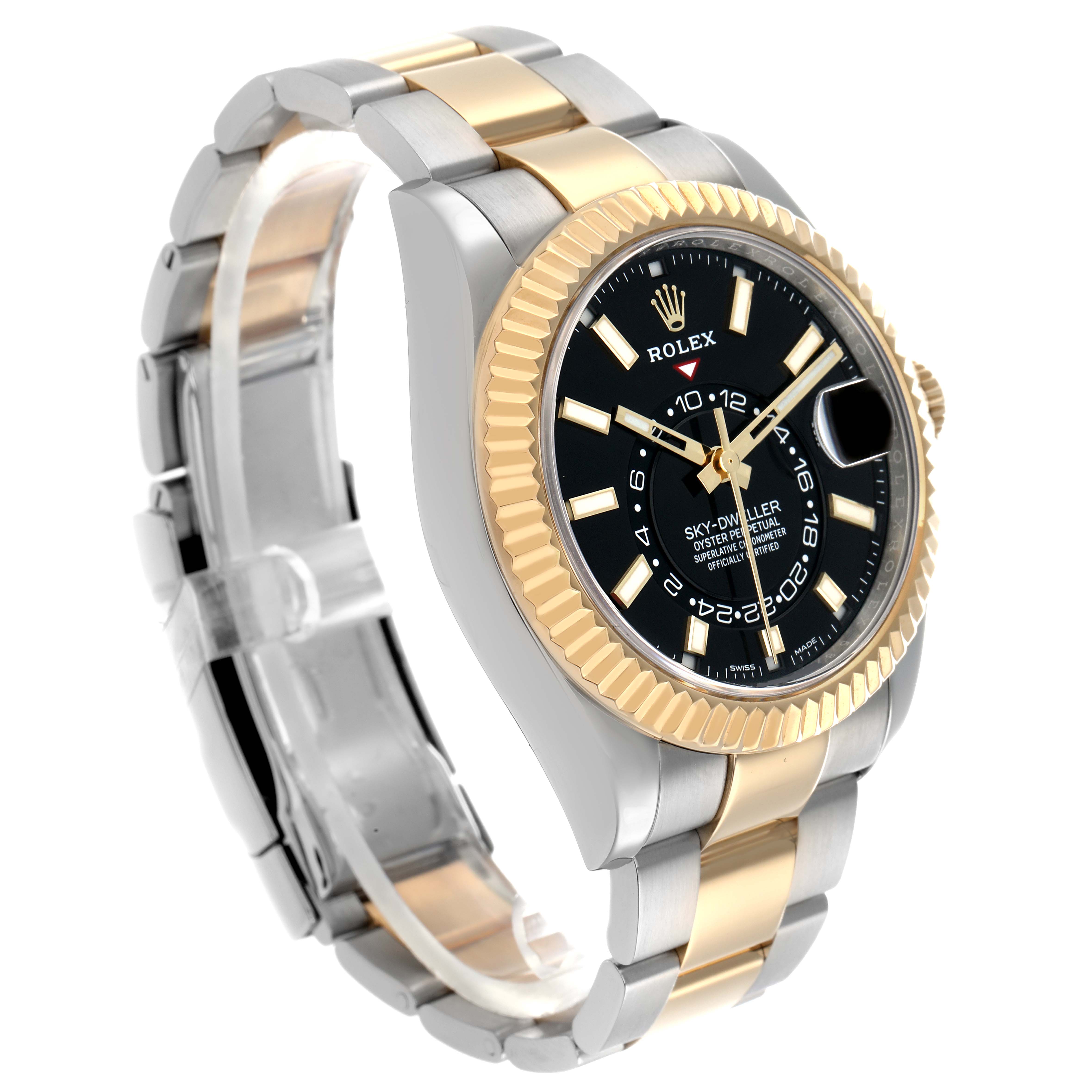 The Rolex Sky-Dweller 326933 Men
s Steel and Gold (two tone) Black Dial watch is angled to show the gold bezel, black dial, case, and two-tone bracelet.