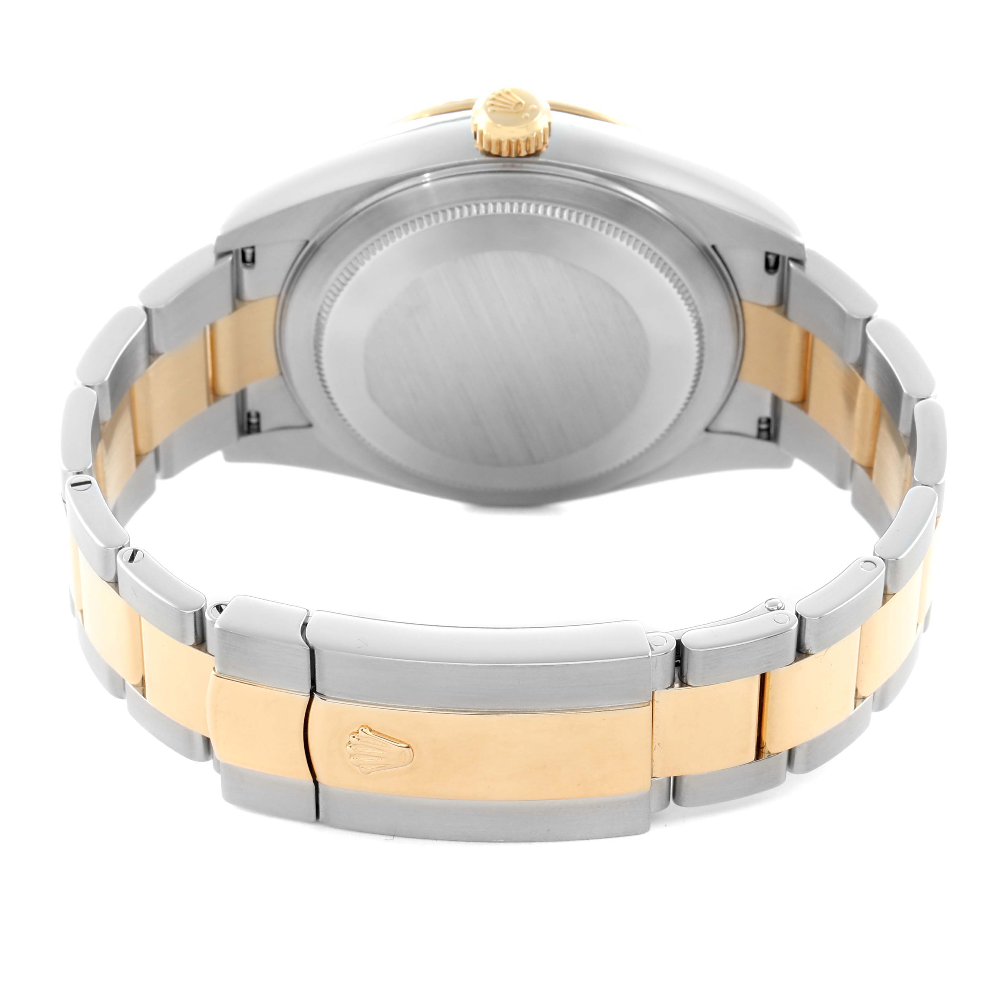 The image shows the back view of a Rolex Sky-Dweller 326933 Men
s Steel and Gold (two tone) Black Dial watch, highlighting the clasp and bracelet design.