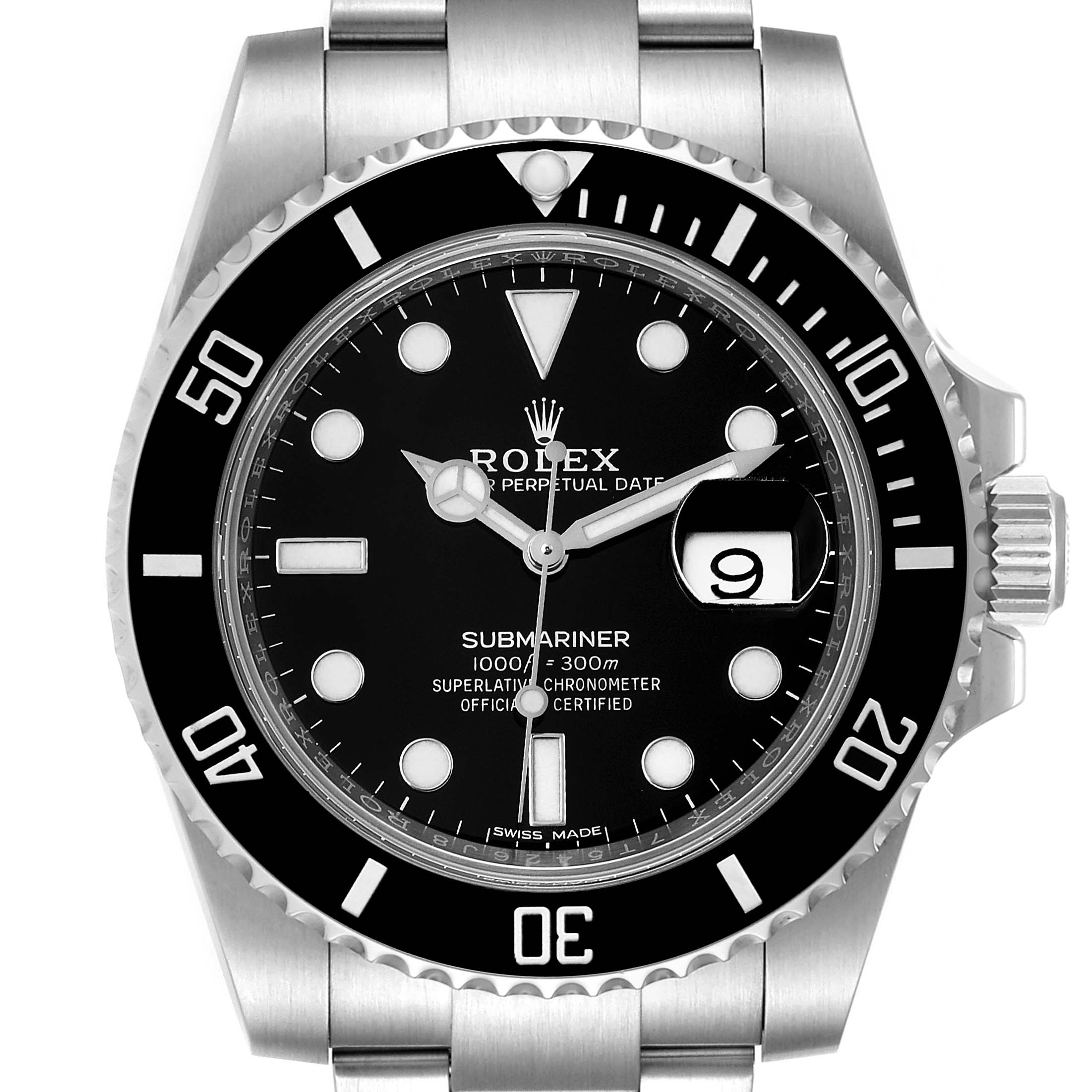 This image shows a front view of the Rolex Submariner 116610LN Men's Stainless Steel Black Dial 116610LN Men's Stainless Steel Black Dial, highlighting its black dial, bezel, and stainless steel bracelet.