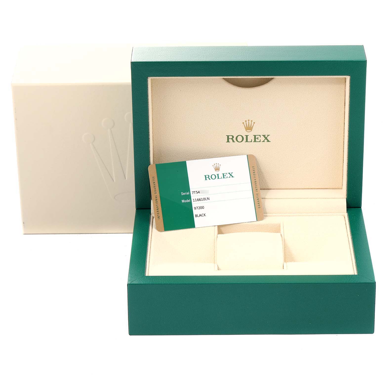 The image shows a green Rolex Submariner 116610LN Men's Stainless Steel Black Dial 116610LN Men's Stainless Steel Black Dial watch box with an authenticity card and an inner beige compartment.