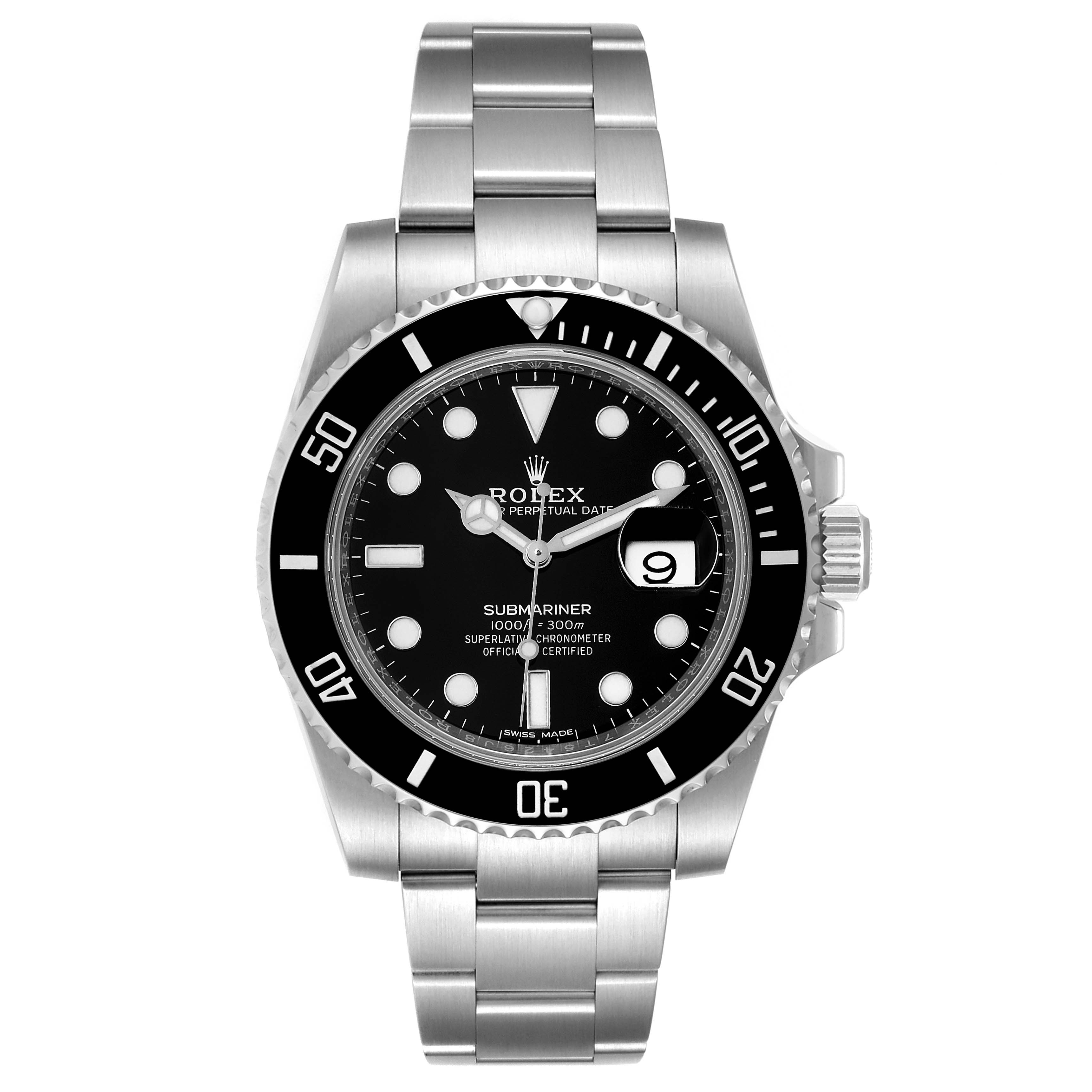 The Rolex Submariner 116610LN Men's Stainless Steel Black Dial 116610LN Men's Stainless Steel Black Dial watch is shown from the front, highlighting its dial, bezel, bracelet, and crown.