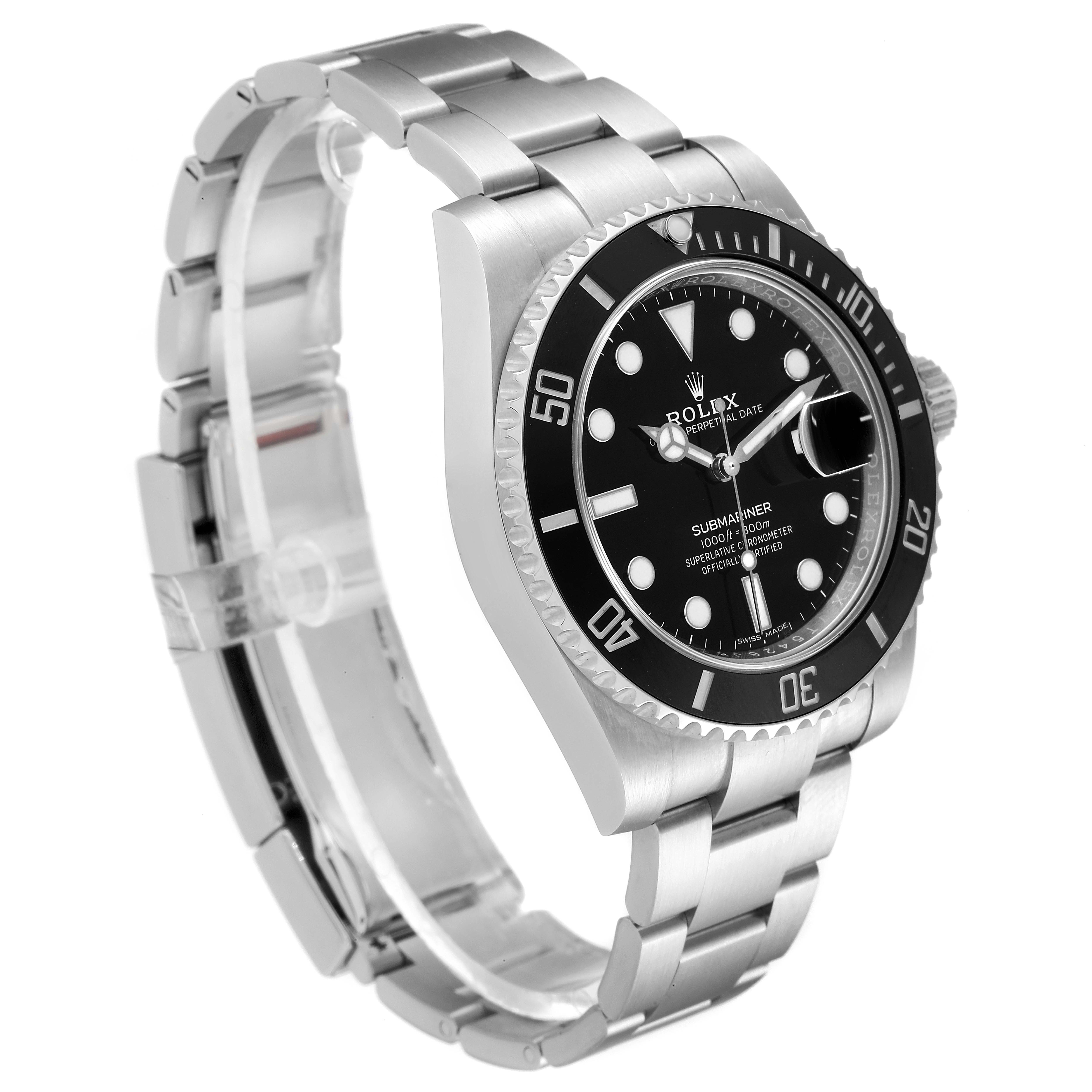 This image shows a side view of a Rolex Submariner 116610LN Men's Stainless Steel Black Dial 116610LN Men's Stainless Steel Black Dial watch, highlighting the face, bezel, and stainless steel bracelet.