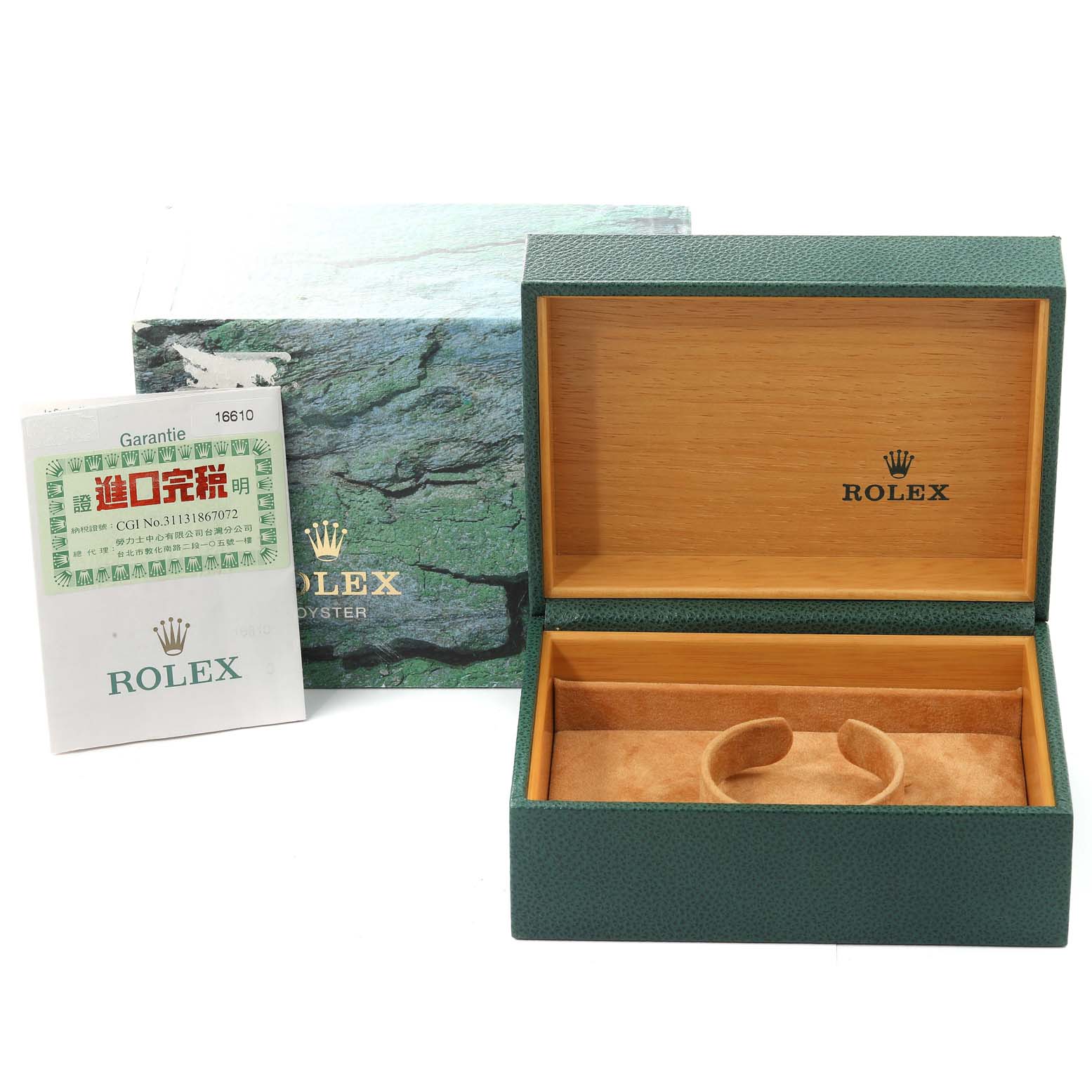 The image shows the open packaging box and guarantee booklet for a Rolex Submariner 16610 Men's Stainless Steel Black Dial 16610 Men's Stainless Steel Black Dial watch.