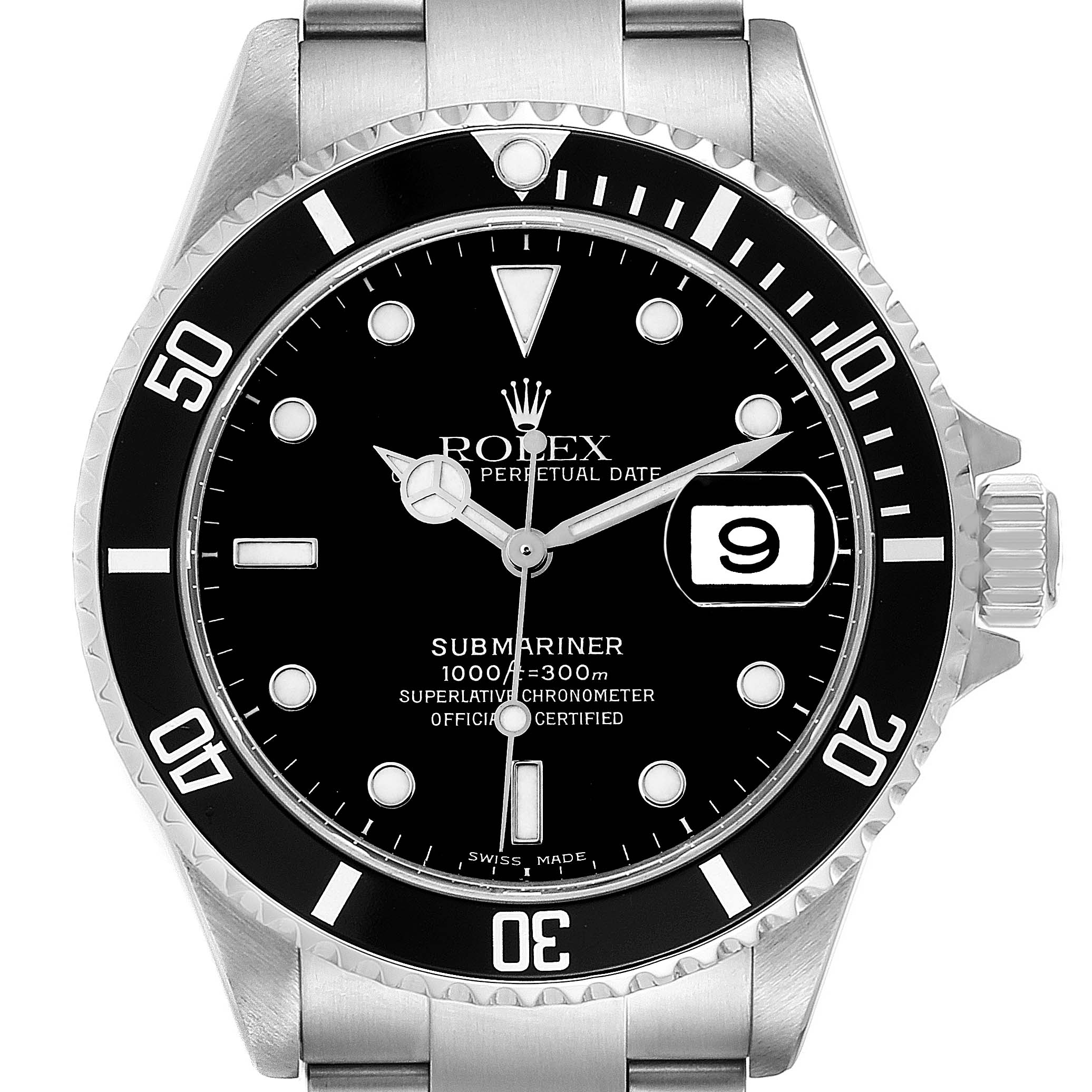 This Rolex Submariner 16610 Men's Stainless Steel Black Dial 16610 Men's Stainless Steel Black Dial watch is shown from a front angle, displaying its black dial, bezel, hands, and bracelet.