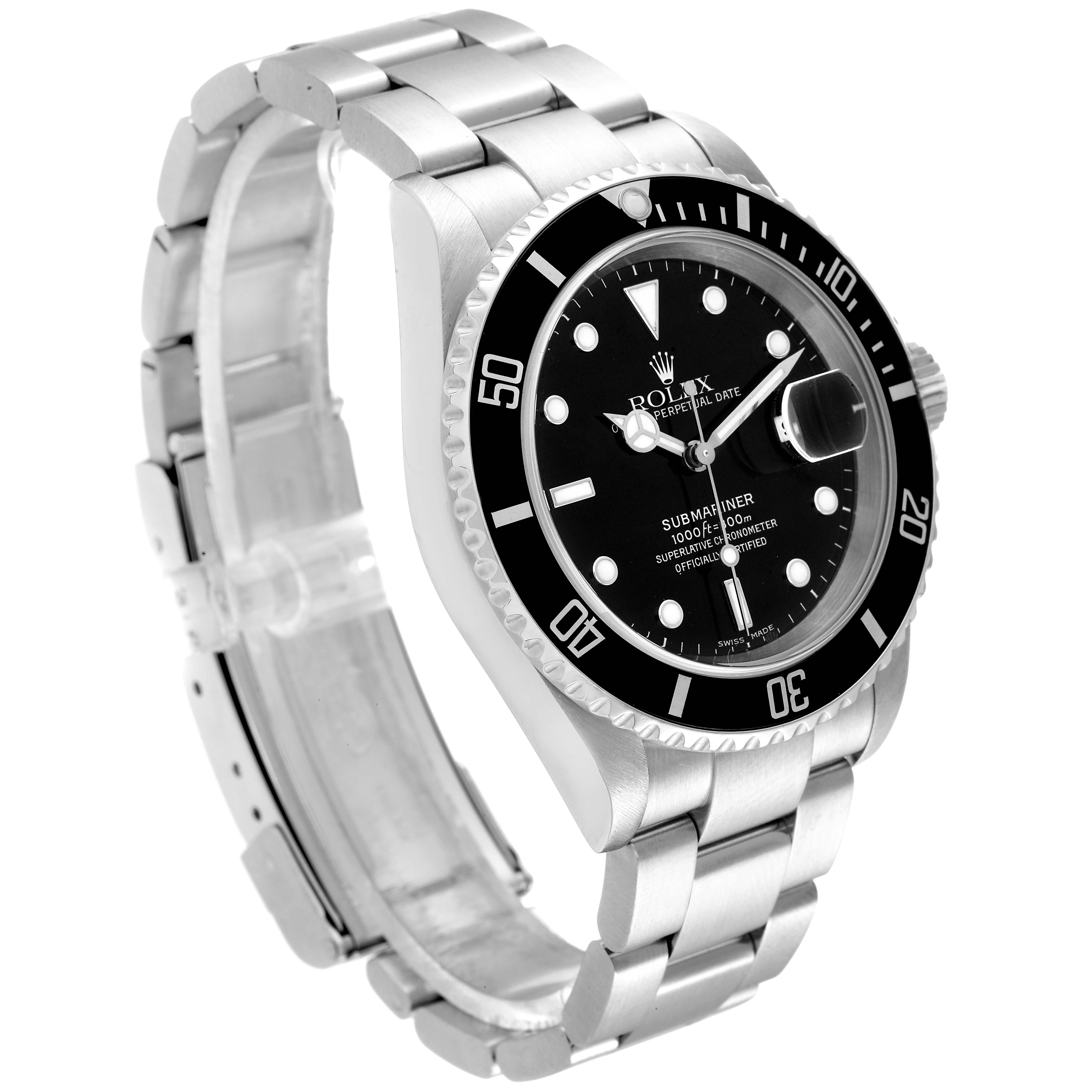 This image shows the front and left side of a Rolex Submariner 16610 Men's Stainless Steel Black Dial 16610 Men's Stainless Steel Black Dial watch, highlighting its black dial, bezel, and metal bracelet.