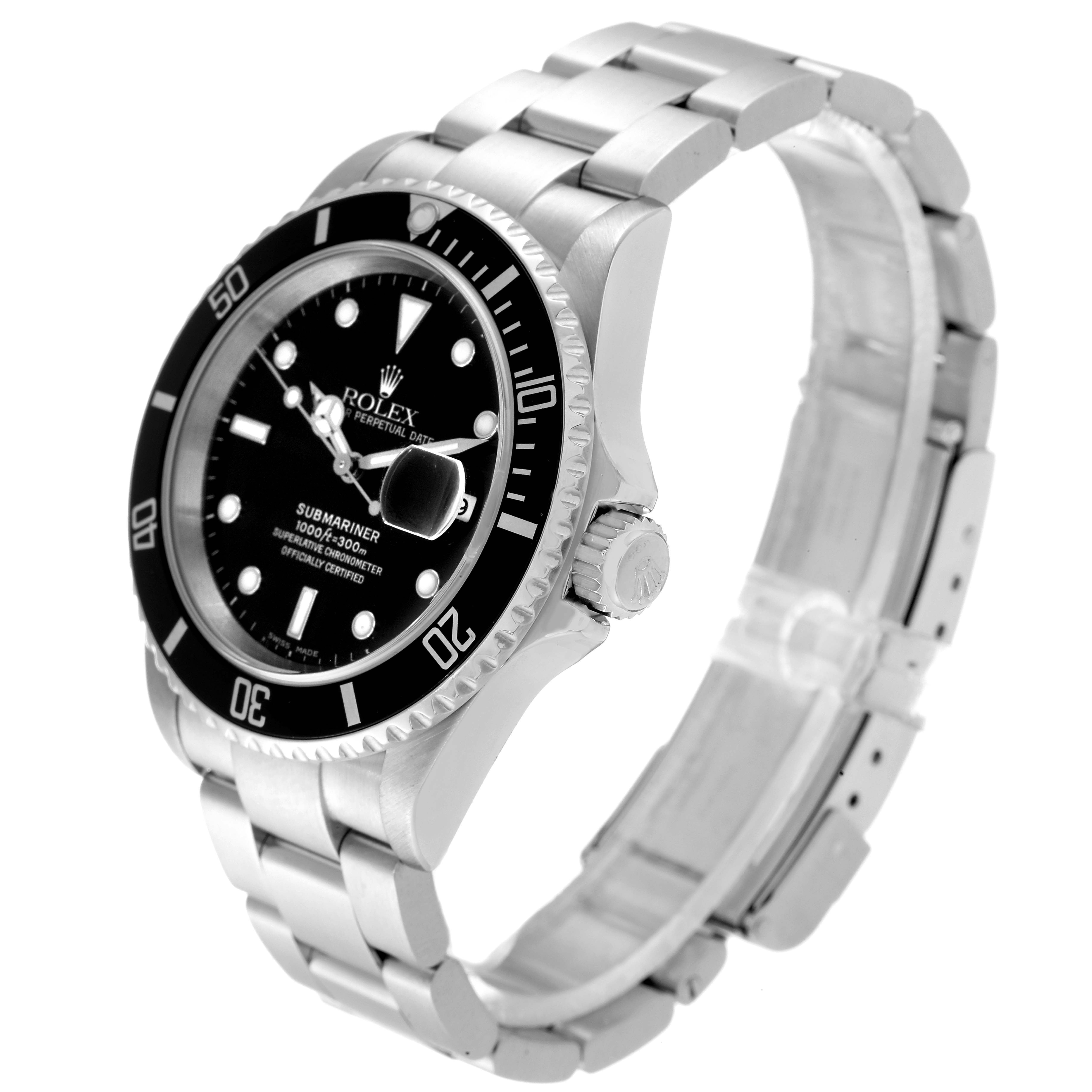 The image shows a side-angle view of a Rolex Submariner 16610 Men's Stainless Steel Black Dial 16610 Men's Stainless Steel Black Dial, displaying the watch face, bezel, crown, and steel bracelet.