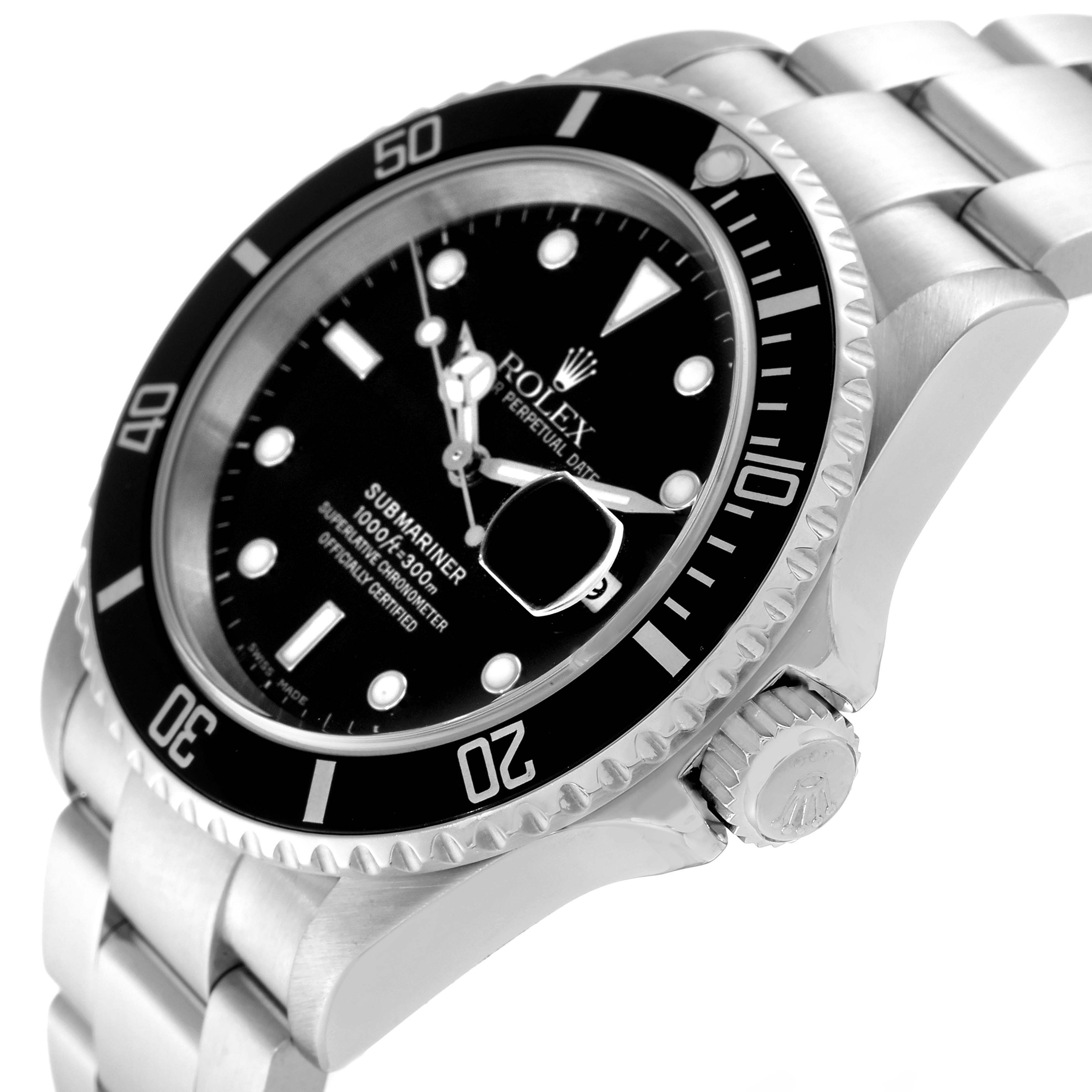 The Rolex Submariner 16610 Men's Stainless Steel Black Dial 16610 Men's Stainless Steel Black Dial watch is shown from a side angle, focusing on the face, bezel, crown, and stainless steel bracelet.