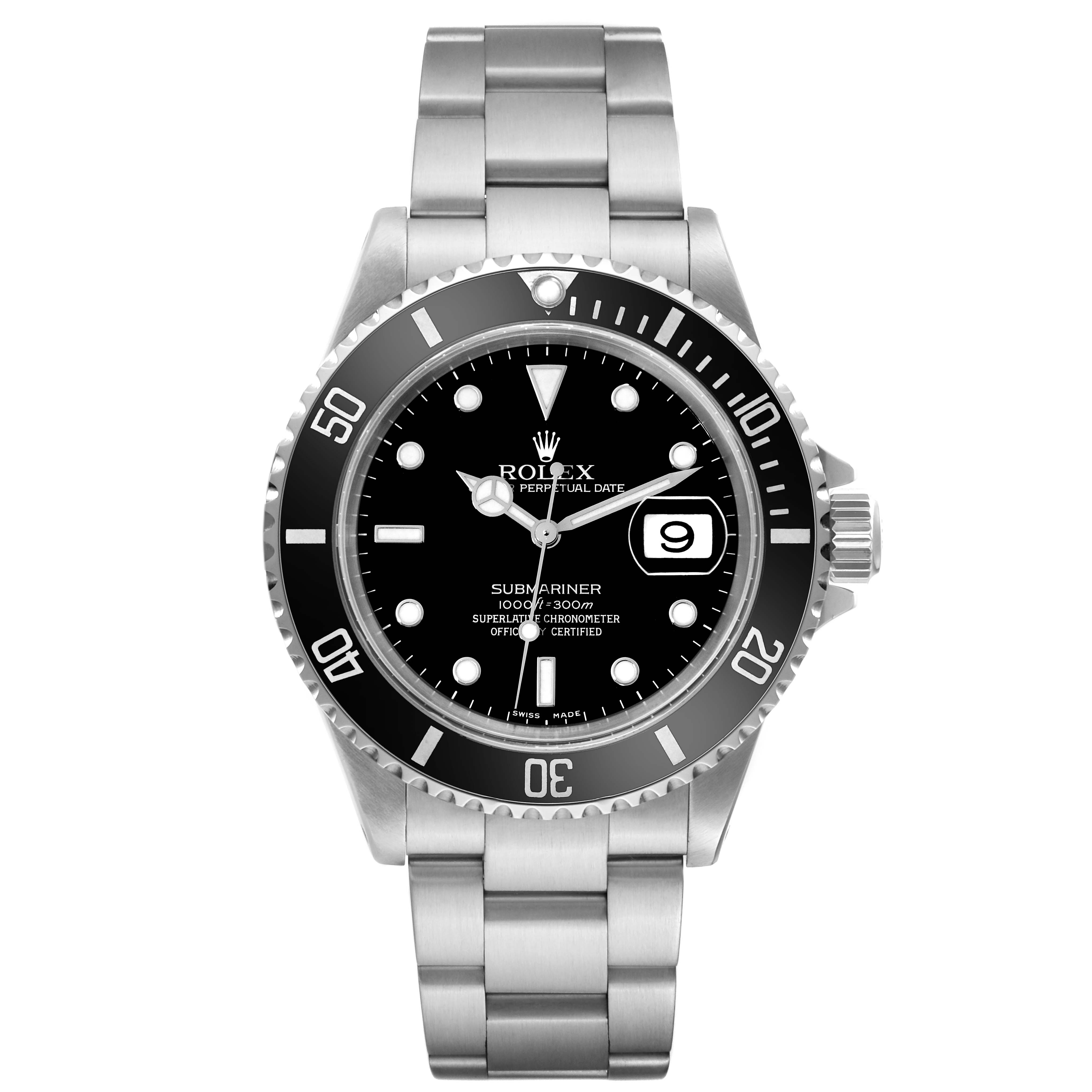 This image shows a frontal view of the Rolex Submariner 16610 Men's Stainless Steel Black Dial 16610 Men's Stainless Steel Black Dial watch, highlighting the dial, bezel, bracelet, and date window.