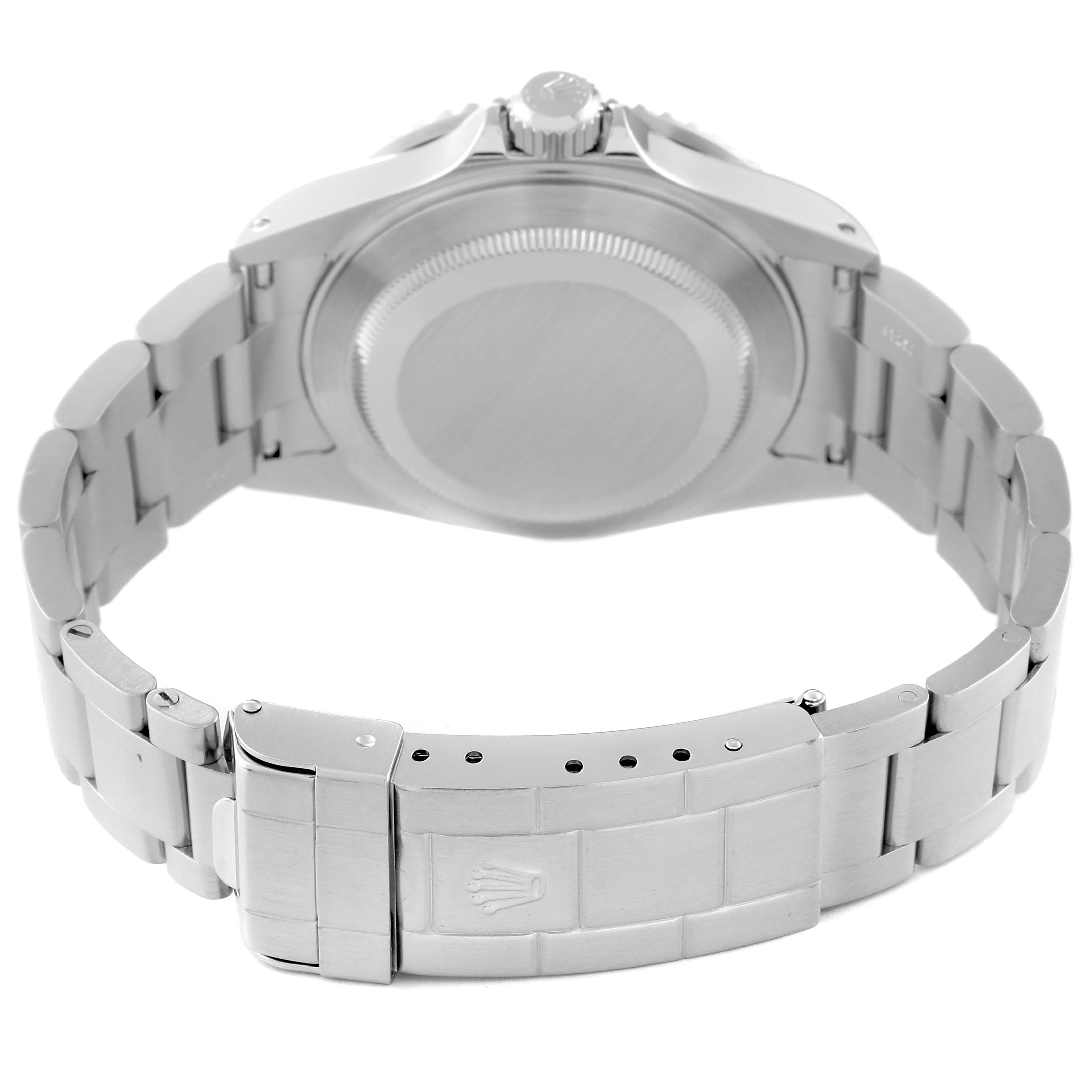 The image shows the back and clasp of a Rolex Submariner 16610 Men's Stainless Steel Black Dial 16610 Men's Stainless Steel Black Dial watch, highlighting its bracelet and case back.