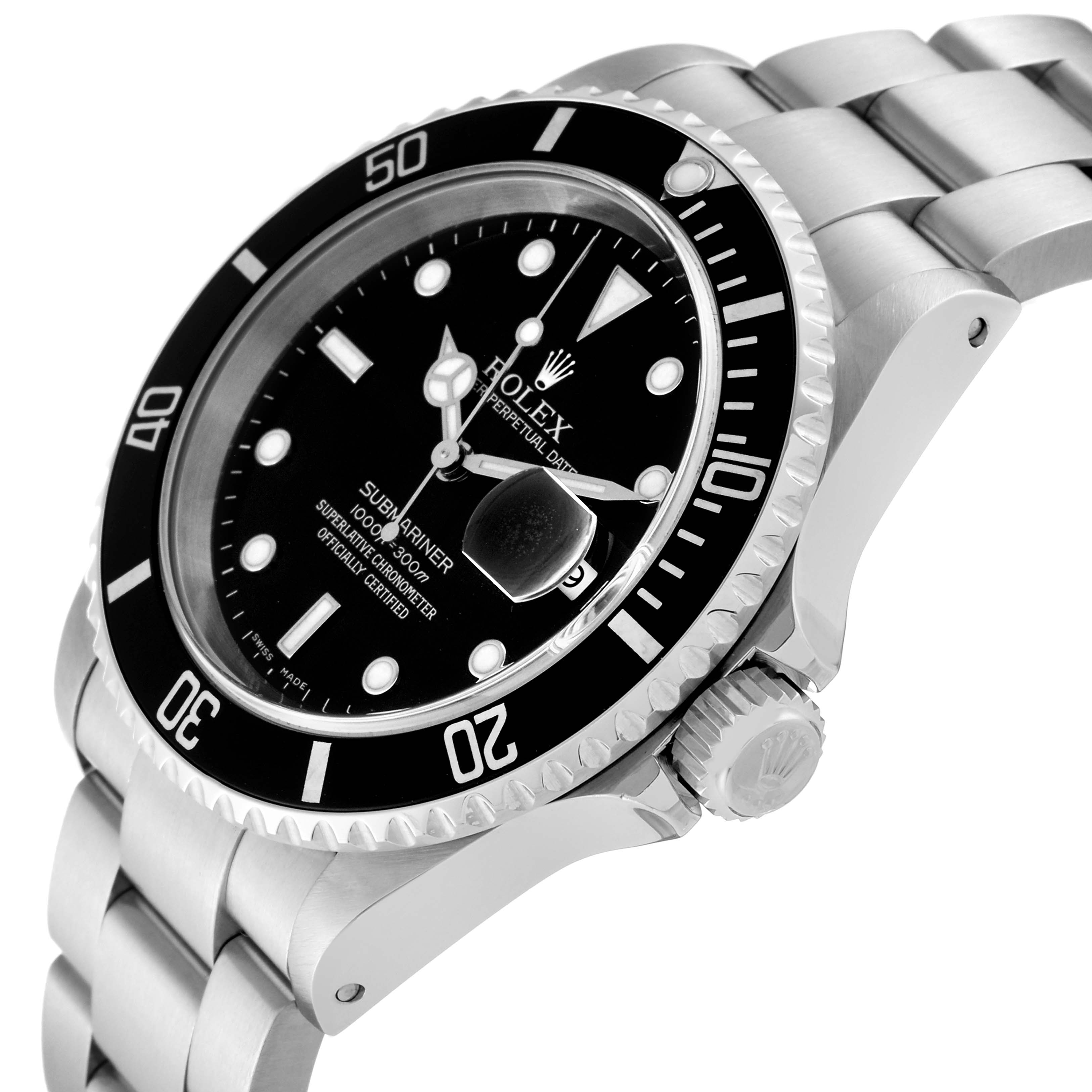 The image shows a side view of the Rolex Submariner 16610 Men's Stainless Steel Black Dial 16610 Men's Stainless Steel Black Dial watch, highlighting the bezel, dial, and part of the bracelet.