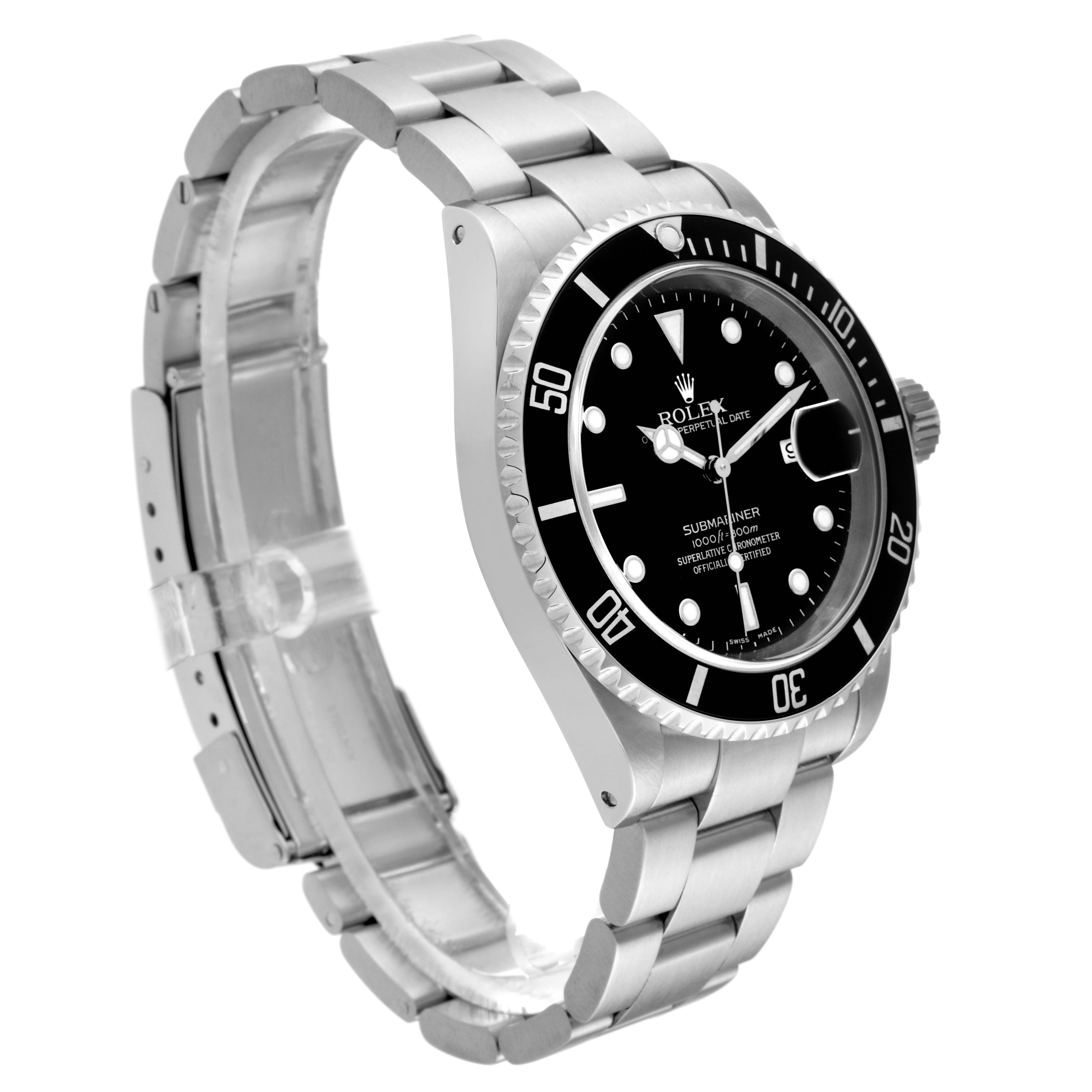 This image shows a Rolex Submariner 16610 Men's Stainless Steel Black Dial 16610 Men's Stainless Steel Black Dial watch at a three-quarter angle displaying the face, bezel, case, and part of the bracelet.
