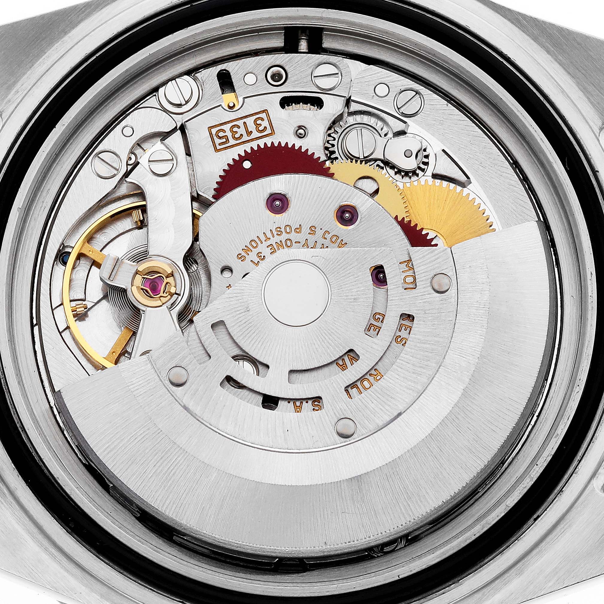 The image shows the internal mechanical movement of a Rolex Submariner 16610 Men's Stainless Steel Black Dial 16610 Men's Stainless Steel Black Dial watch from a close-up, top-down angle.