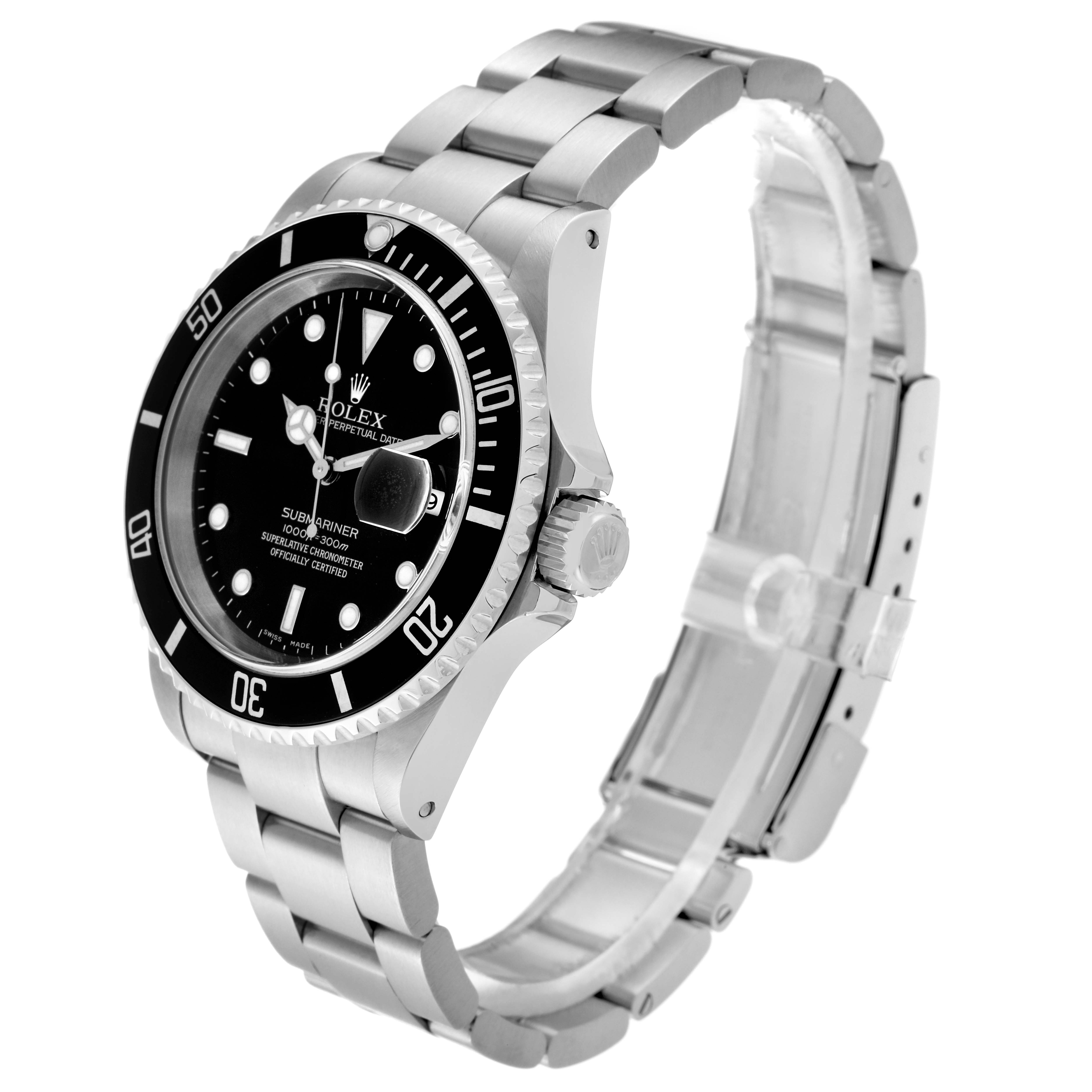 The image shows a Rolex Submariner 16610 Men's Stainless Steel Black Dial 16610 Men's Stainless Steel Black Dial watch from a three-quarter side angle, featuring the dial, bezel, case, and bracelet.