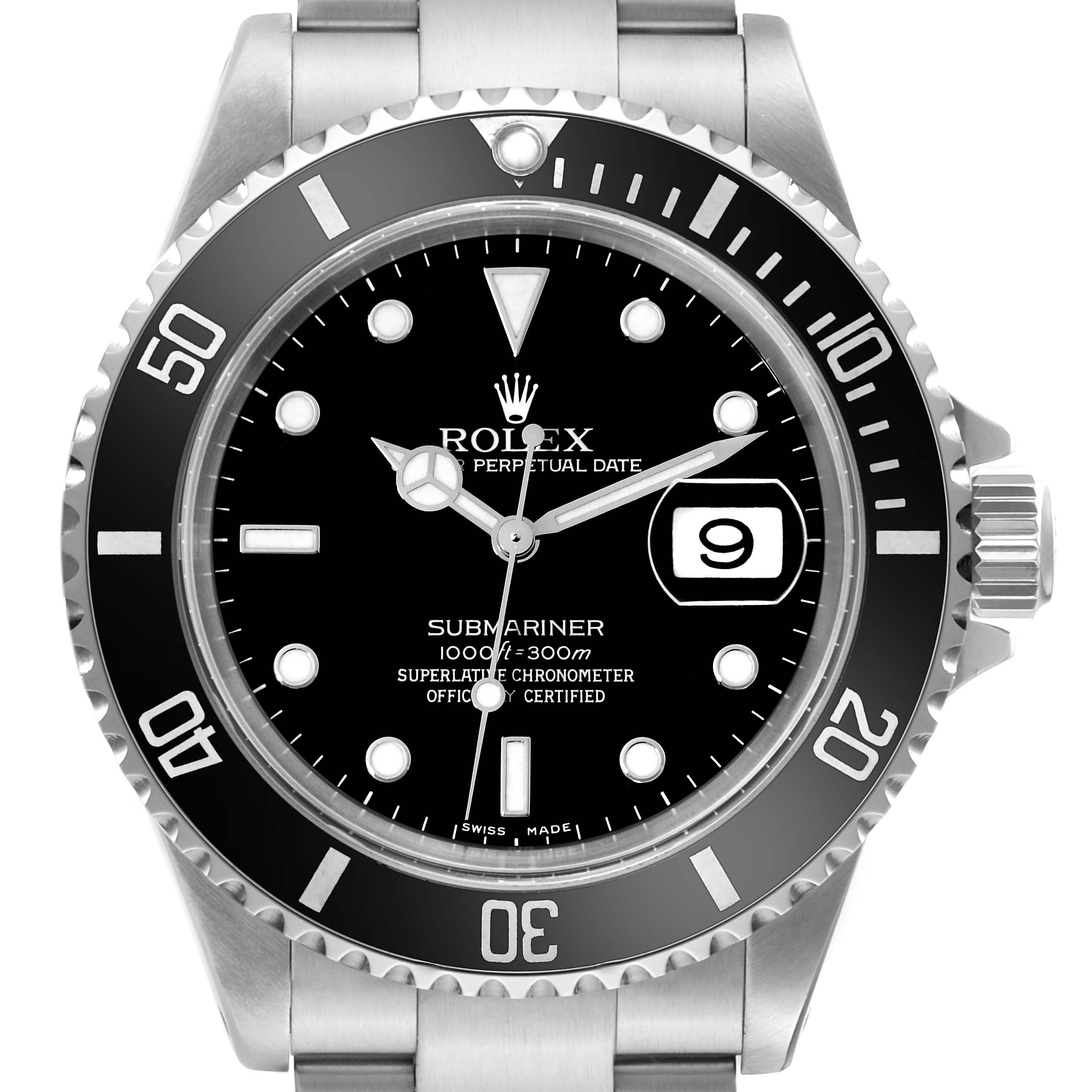 The image displays a front view of the Rolex Submariner 16610 Men's Stainless Steel Black Dial 16610 Men's Stainless Steel Black Dial, highlighting the dial, bezel, and bracelet.