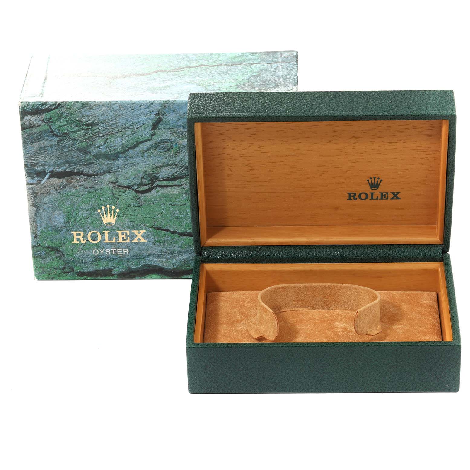 The image shows an open Rolex Submariner 16610 Men's Stainless Steel Black Dial 16610 Men's Stainless Steel Black Dial watch box and its outer packaging from a frontal angle.