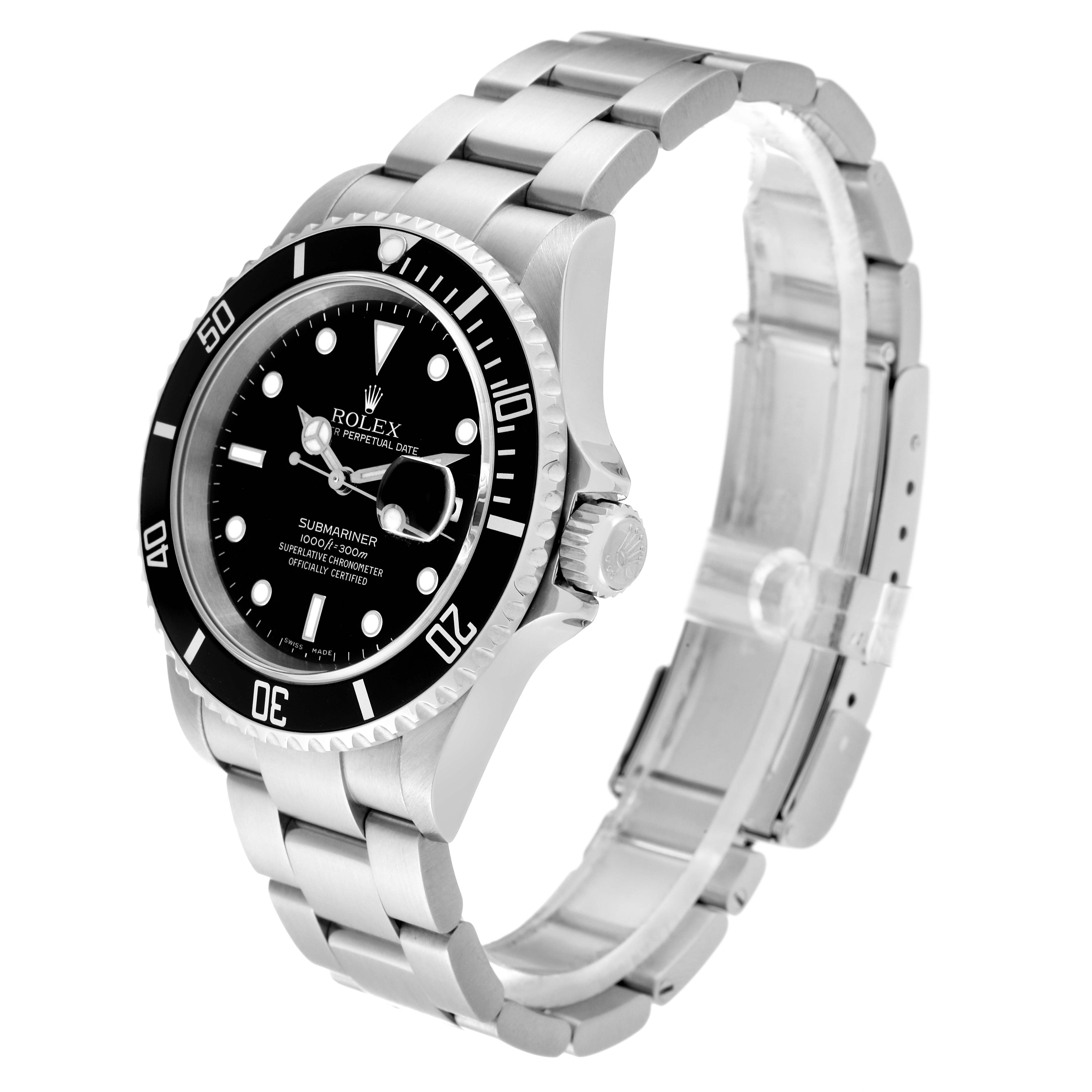 This Rolex Submariner 16610 Men's Stainless Steel Black Dial 16610 Men's Stainless Steel Black Dial watch is shown at a side angle, displaying its bezel, dial, crown, and bracelet.