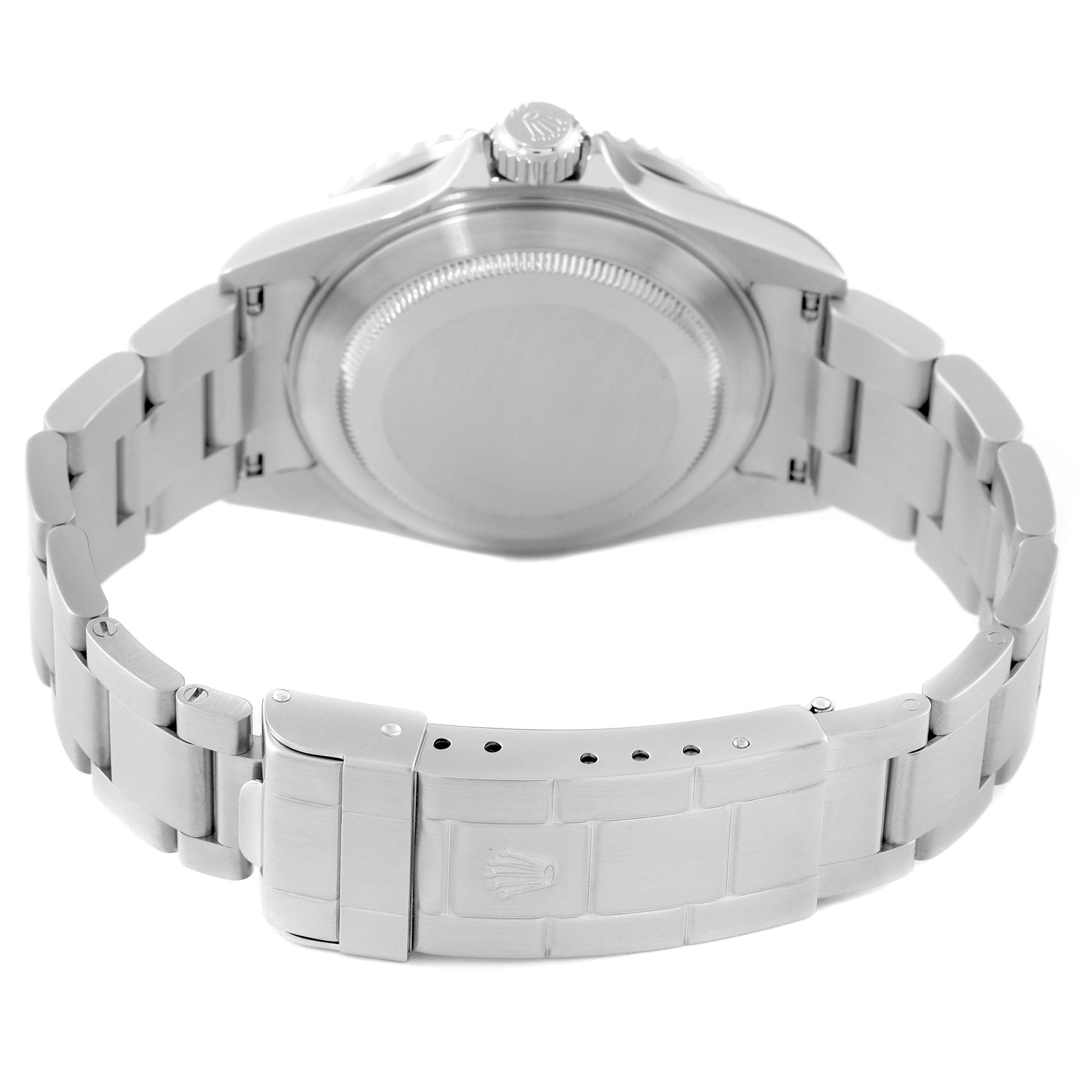 This image shows the rear view of the Rolex Submariner 16610 Men's Stainless Steel Black Dial 16610 Men's Stainless Steel Black Dial watch, highlighting the bracelet, clasp, and case back.