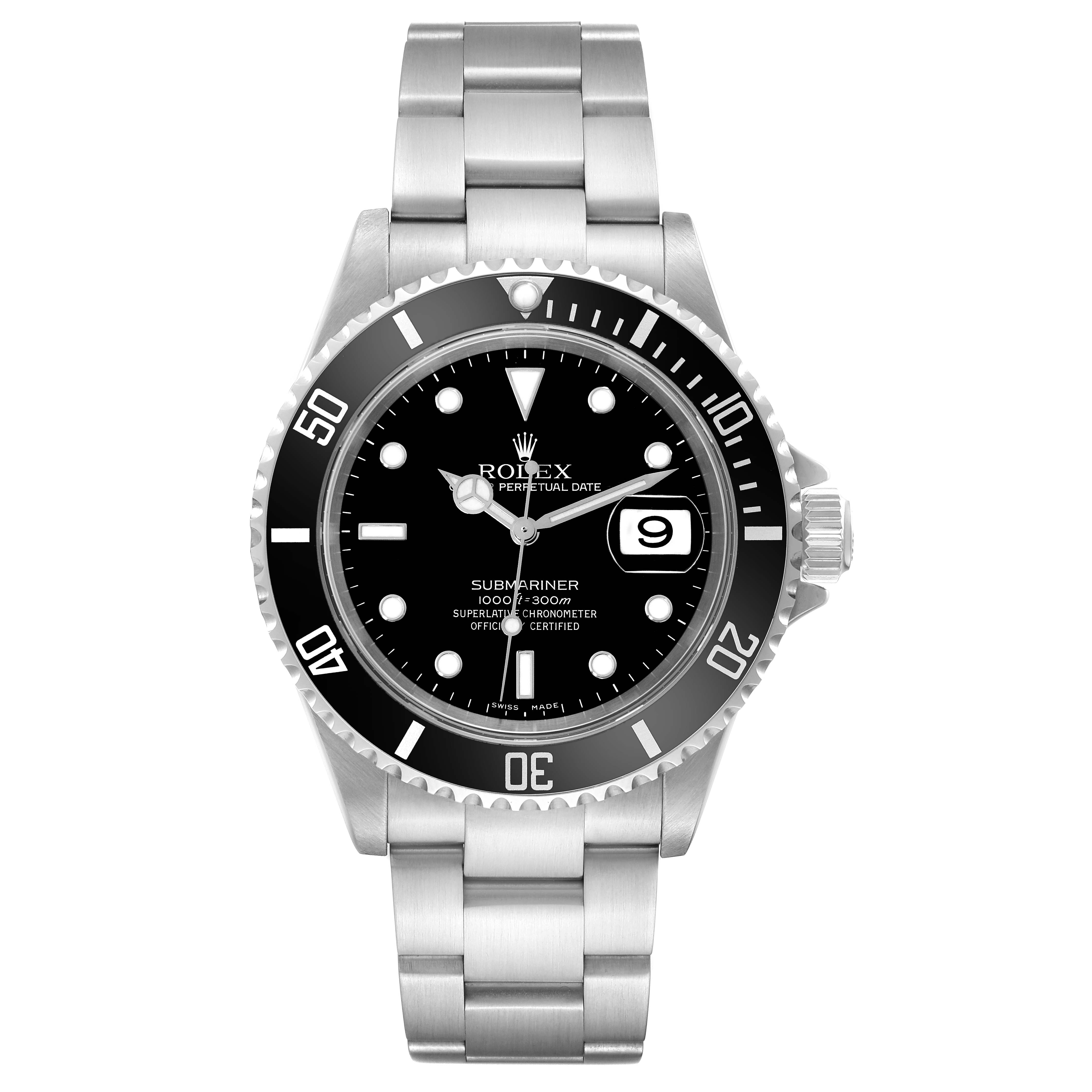 The image shows a head-on view of the Rolex Submariner 16610 Men's Stainless Steel Black Dial 16610 Men's Stainless Steel Black Dial watch, displaying the dial, bezel, bracelet, and date window.
