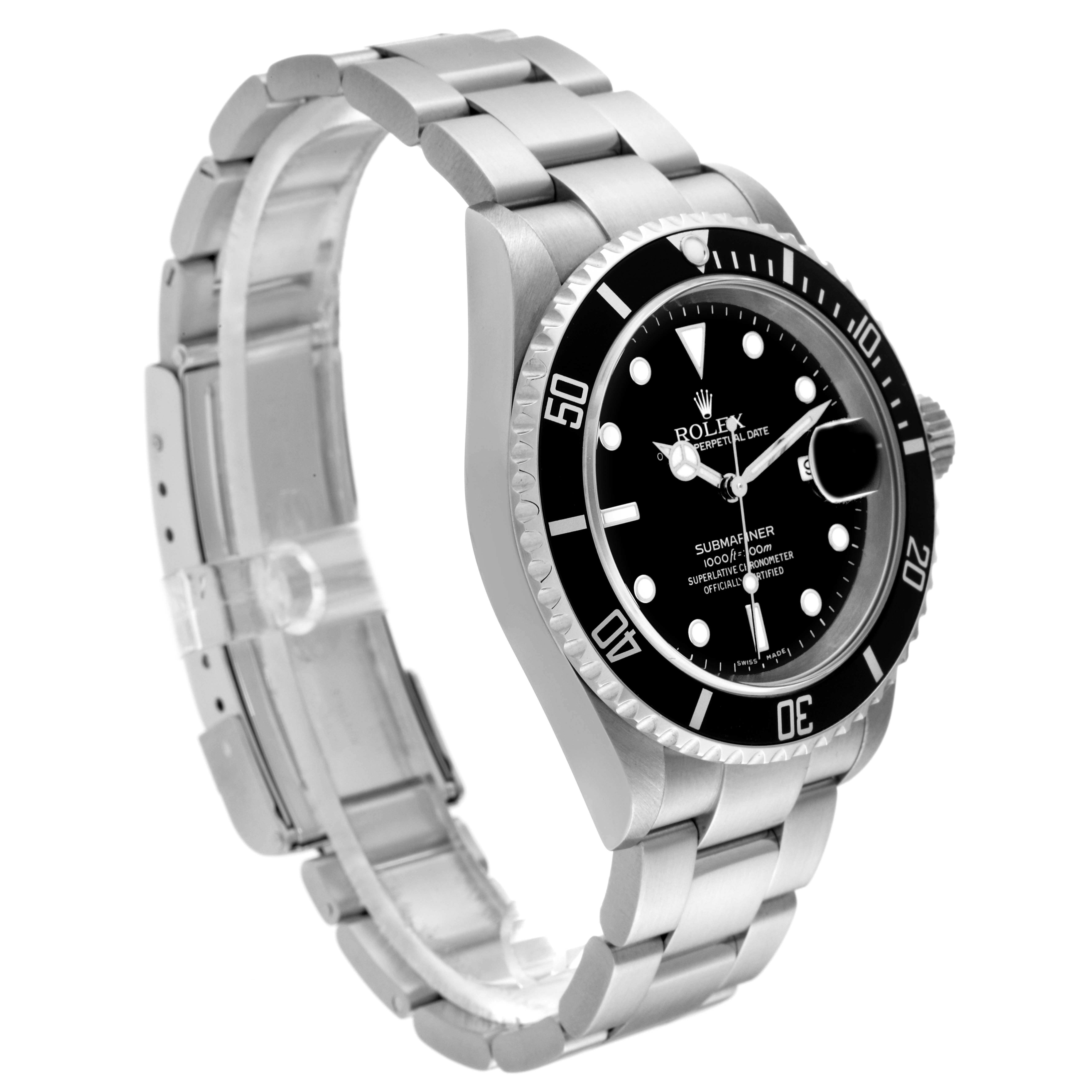 This image shows a side angle of a Rolex Submariner 16610 Men's Stainless Steel Black Dial 16610 Men's Stainless Steel Black Dial watch, highlighting its bracelet, bezel, dial, and crown.