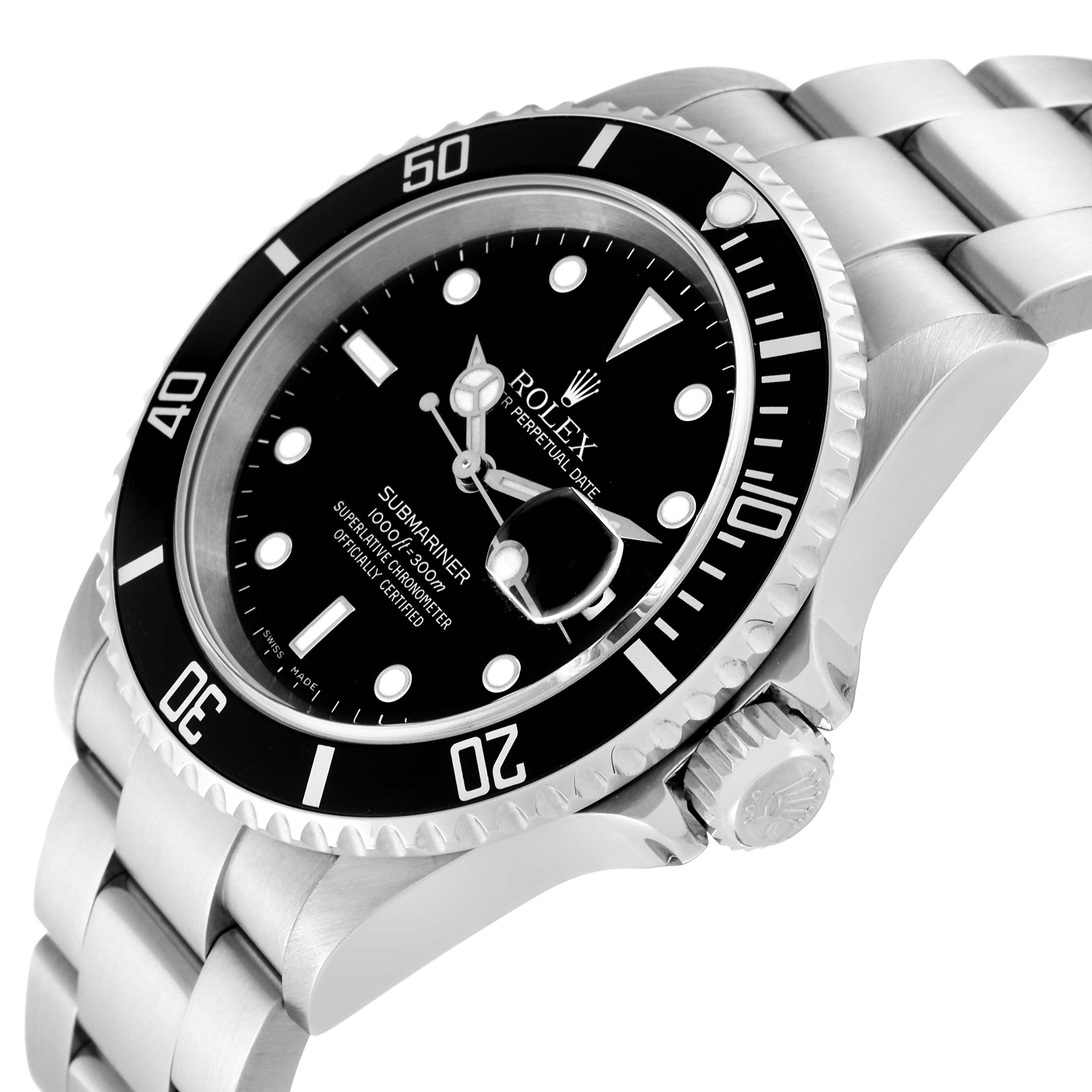 The image shows a side-angle view of a Rolex Submariner 16610 Men's Stainless Steel Black Dial 16610 Men's Stainless Steel Black Dial watch, highlighting the dial, bezel, crown, and bracelet links.