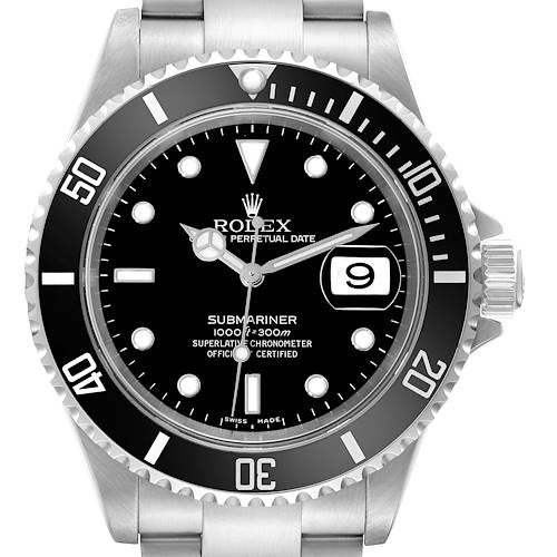 The image shows a front view of a Rolex Submariner watch, displaying the dial, bezel, crown, and part of the bracelet.