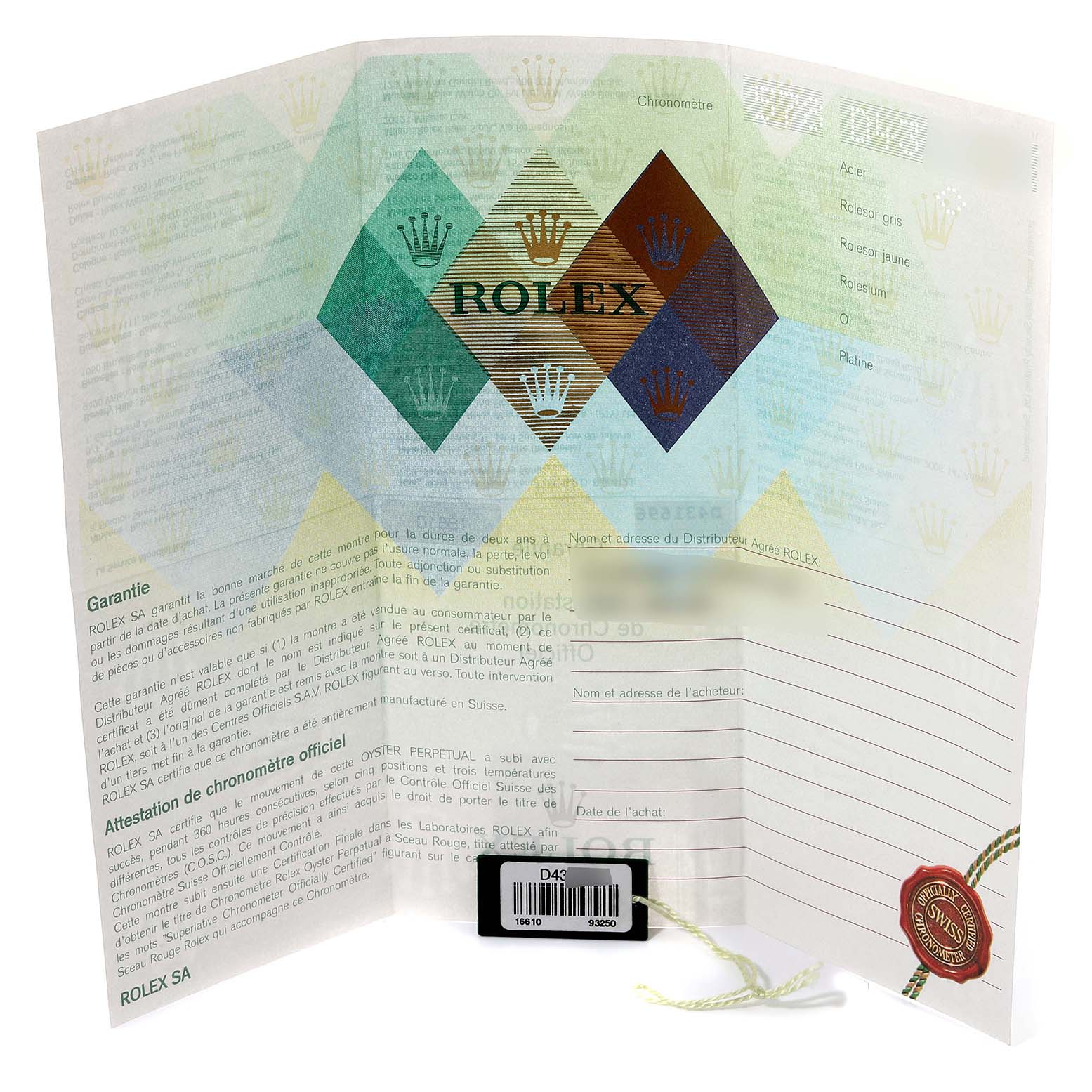 This image shows a warranty card and chronometer certification for a Rolex Submariner 16610 Men's Stainless Steel Black Dial 16610 Men's Stainless Steel Black Dial watch.