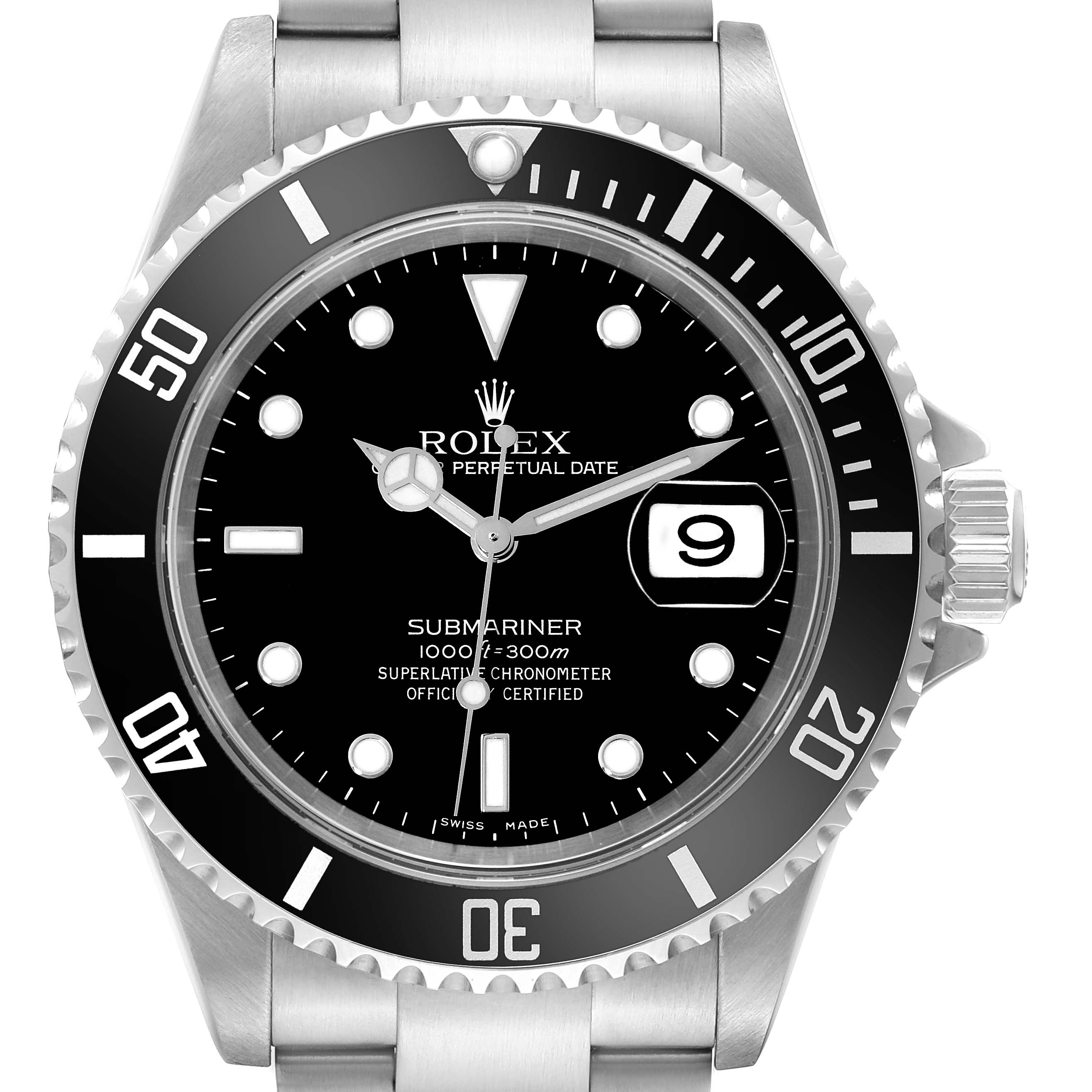 This image shows a Rolex Submariner 16610 Men's Stainless Steel Black Dial 16610 Men's Stainless Steel Black Dial watch from a front view, displaying its dial, bezel, hands, and part of its bracelet.
