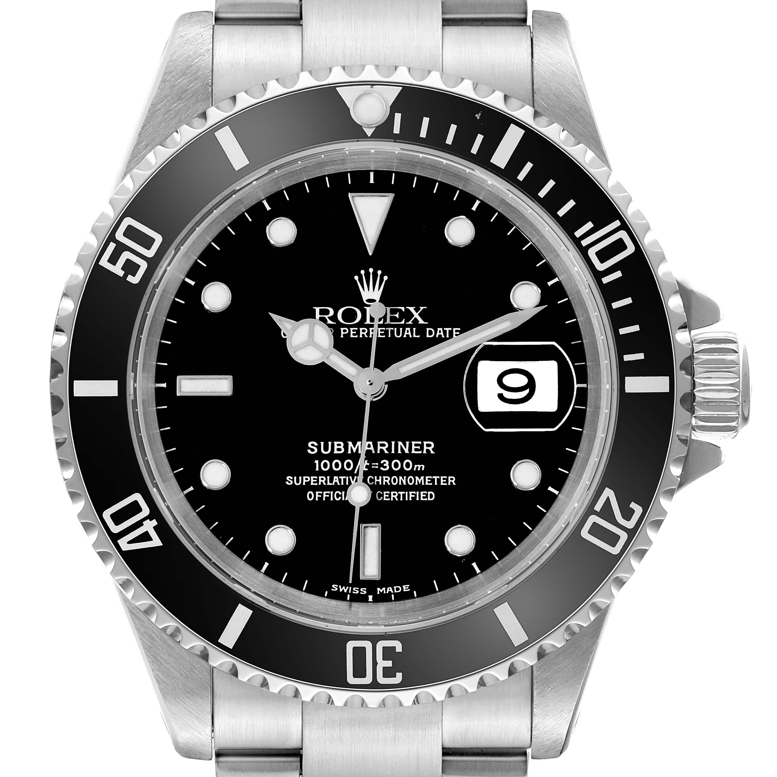 The image shows a front view of the Rolex Submariner 16610 Men's Stainless Steel Black Dial 16610 Men's Stainless Steel Black Dial watch, highlighting its dial, bezel, and crown.